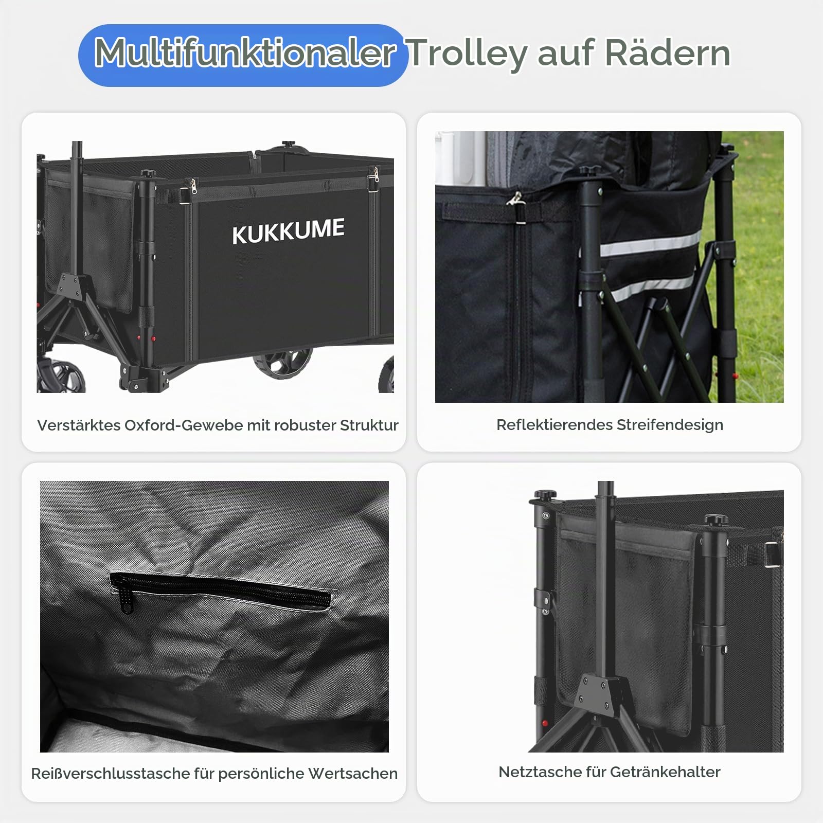 Bollerwagen Faltbar 120L 100KG Faltbarer Bollerwagen Strand Klappbarer Handwagen mit Reflektorstreifen und Verstellbarem Griff für Garten Sport Einkauf Camping Schwarz