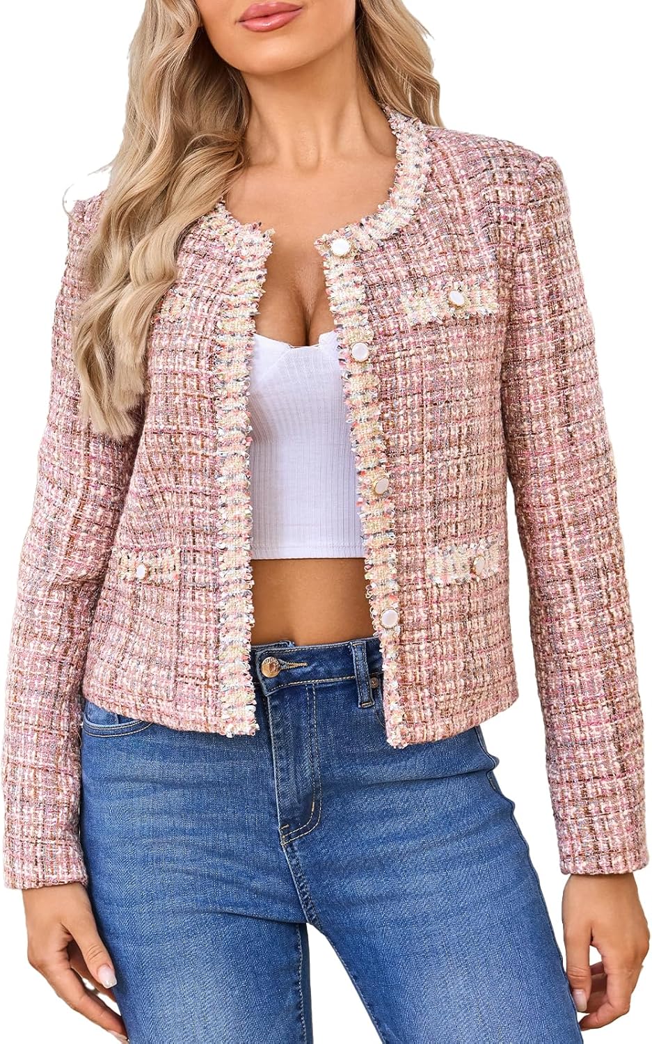 Women's Tweed Blazers Cropped Long Sleeve Crewneck Open Front Lace Trim Lightweight...
