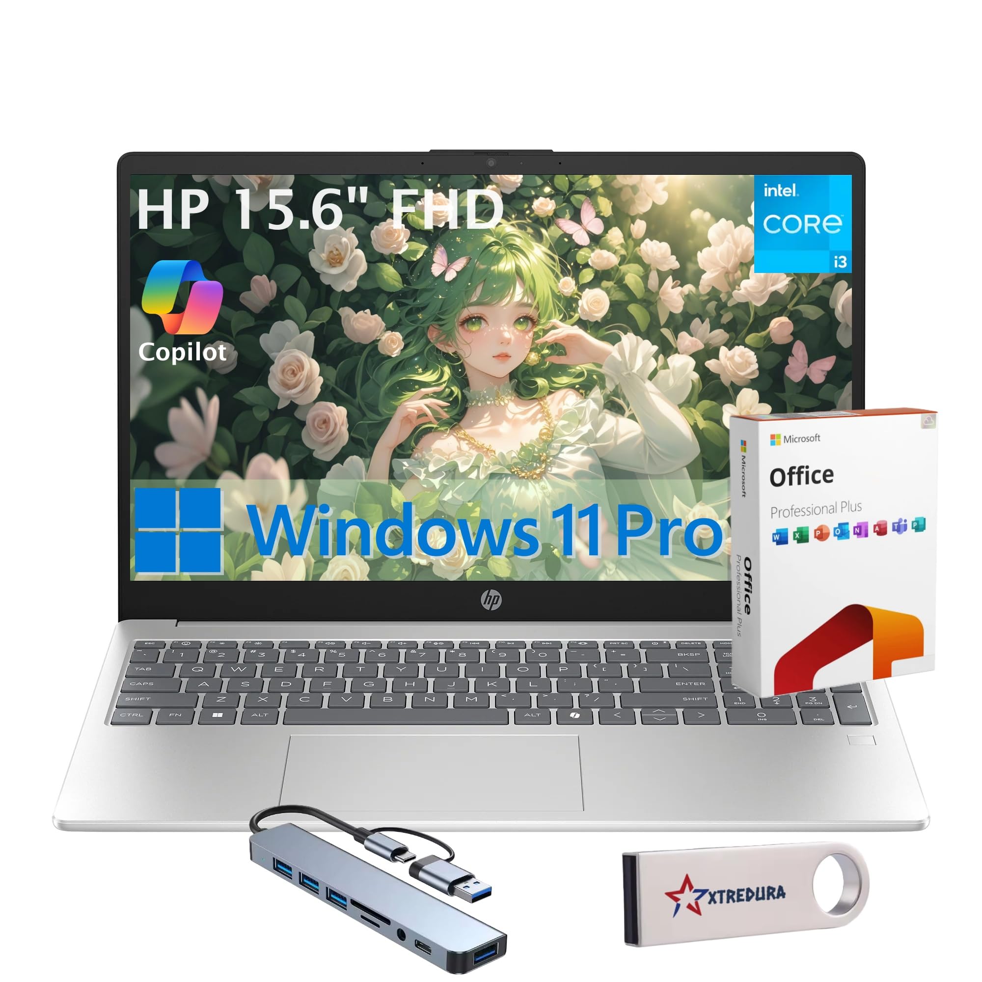 HP 15.6" FHD Laptop, Windows 11 Pro, Free Lifetime MS Office • Copilot AI, Intel 8 Core i3-N305, 16GB RAM, 512GB SSD, for Business, Home, Student, 10-
