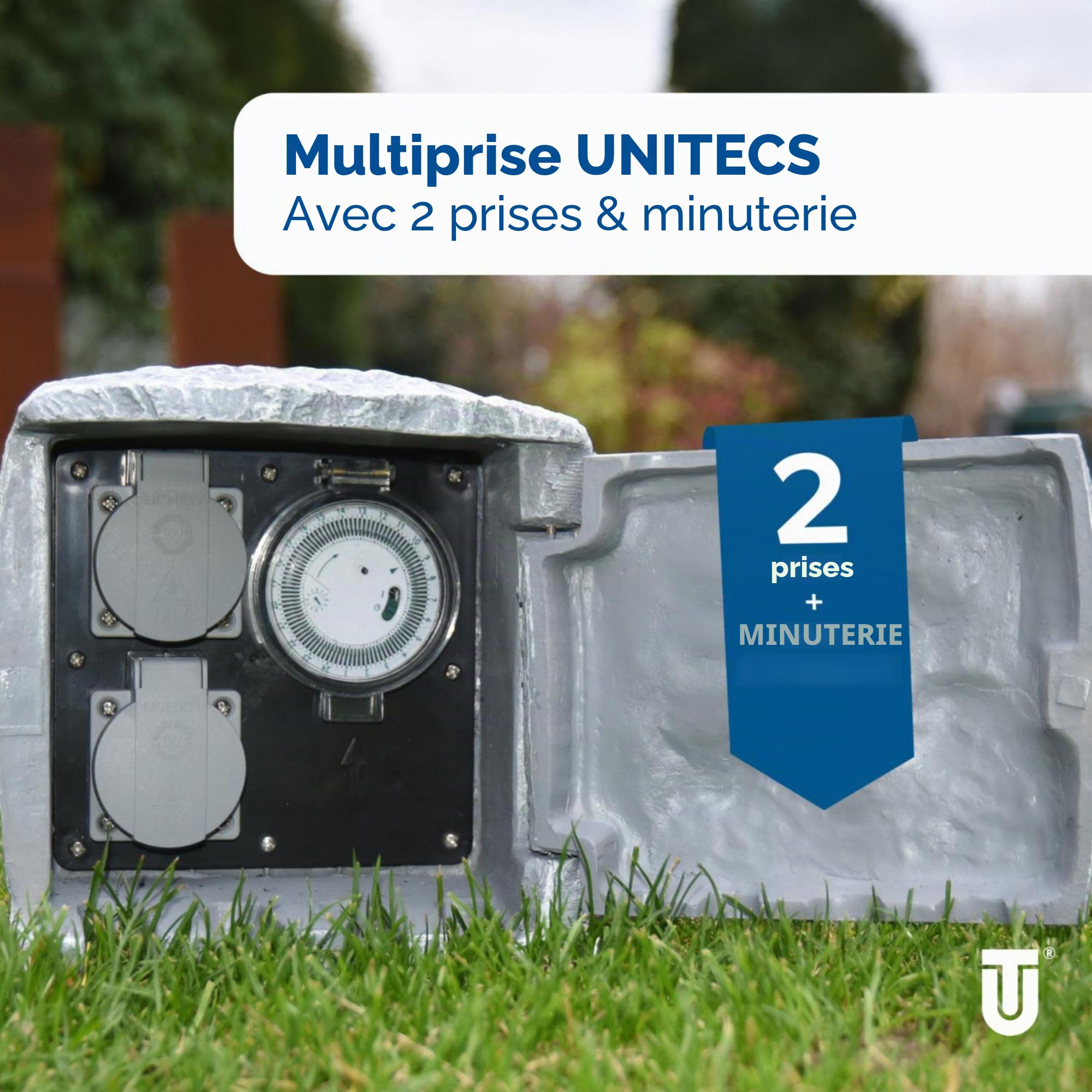 Unitec 44244 Steckdosenverteiler façon pierre avec 2 prises et minuterie
