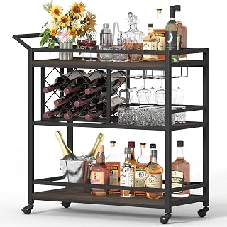 FATORRI Walnut Brown Bar Cart with Wine Rack & Stemware Holder - Rolling Home Serving Cart on Wheels for Liquor & Alcohol, 150lbs Capacity