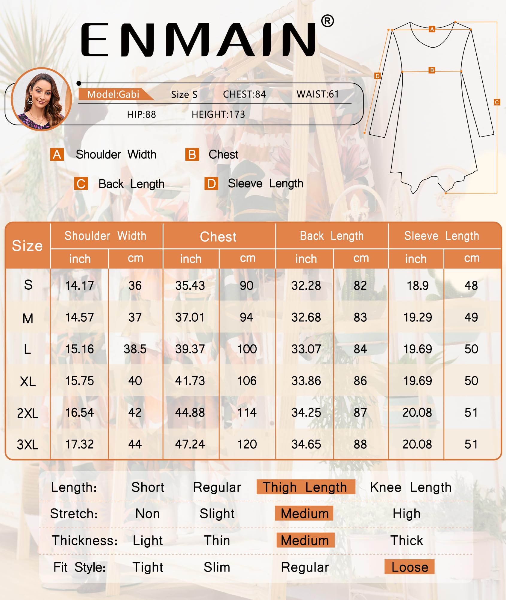 Enmain Damskie tuniki, długie, topy, z dekoltem w serek, z rękawem 3/4, casualowe, jednolity kolor, bluzka, koszula, dla kobiet