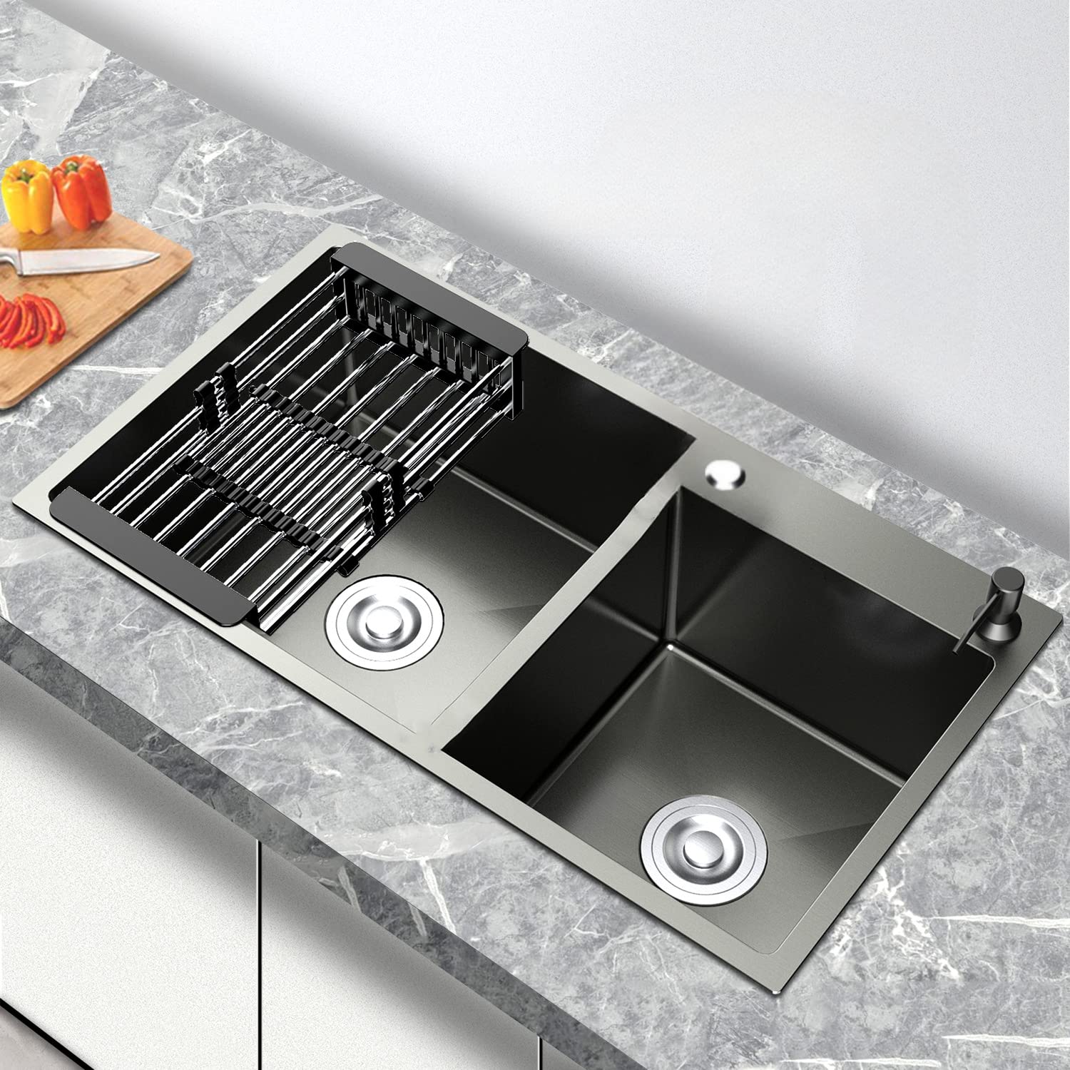Evier de Cuisine en Acier Inoxydable Évier Double Bac avec 2 Trous de Montage Evier de Cuisine Kit, 78 * 43 * 20 cm (Noir)