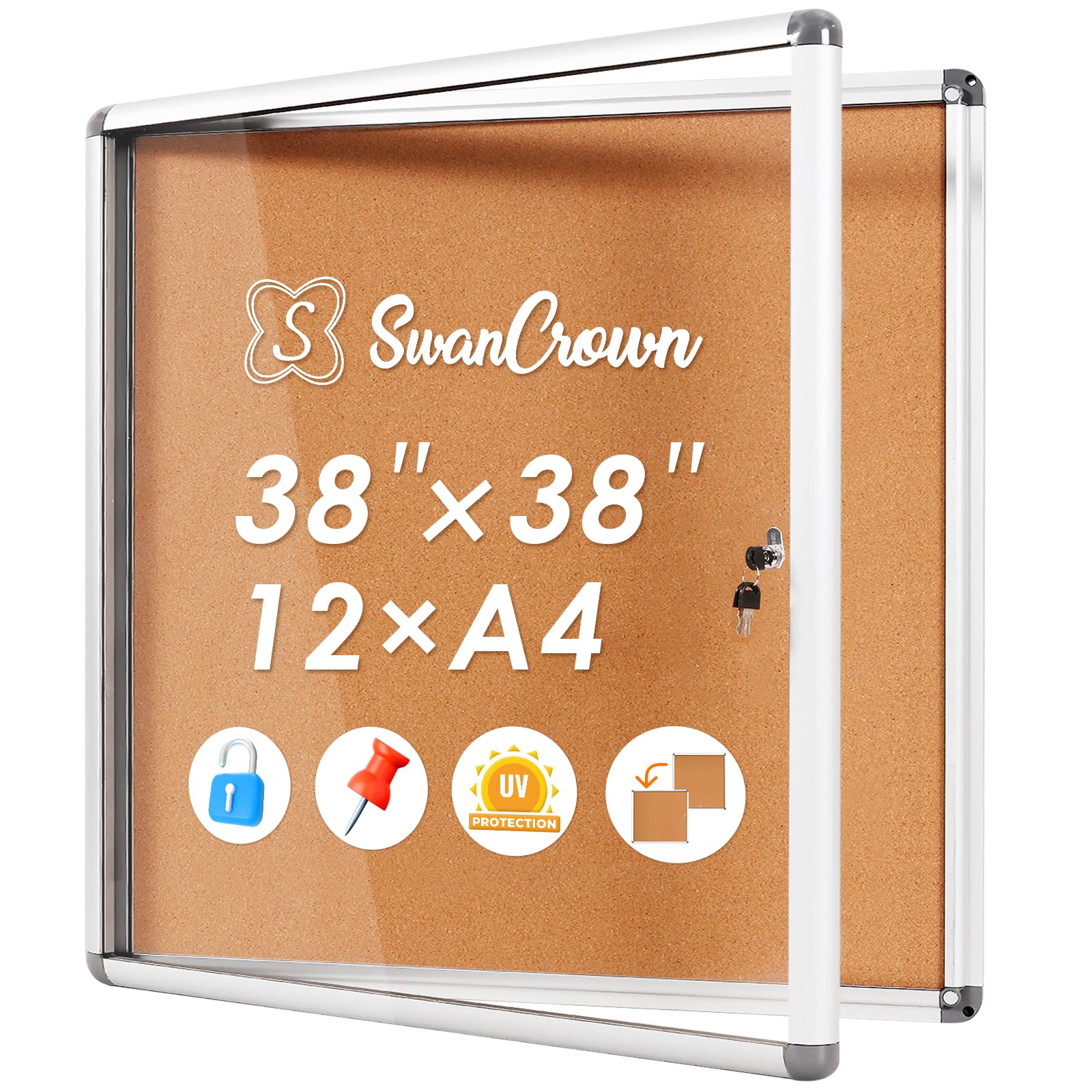 SWANCROWN Enclose Bulletin Board Case Big School Cork Pin Noticeboards Secure Cabinet for Message Guide 38x38inches (12xA4)