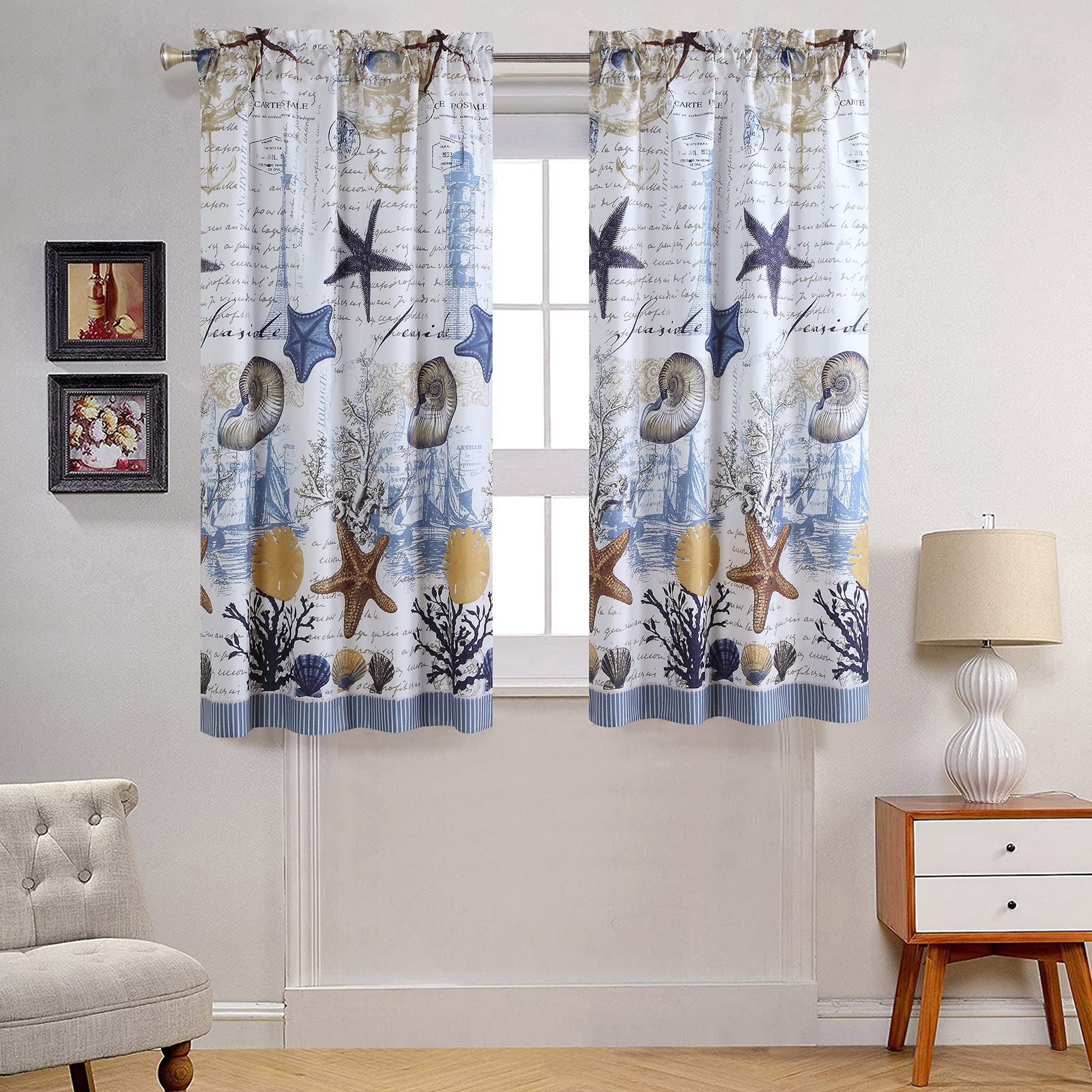 MVSUTA Under The Sea Blue Pinted Ocean Window Curtain Pair,Modern Seashell Beach Lighthouse 2 Panels Set,Each 42" W x 63" L and Total 84" Wide and 63"