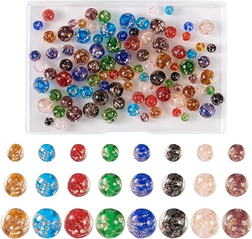 Craftdady 96 cuentas de cristal redondas con arena dorada, 24 estilos hechos a mano que brillan en la oscuridad, cuentas espaciadoras sueltas de