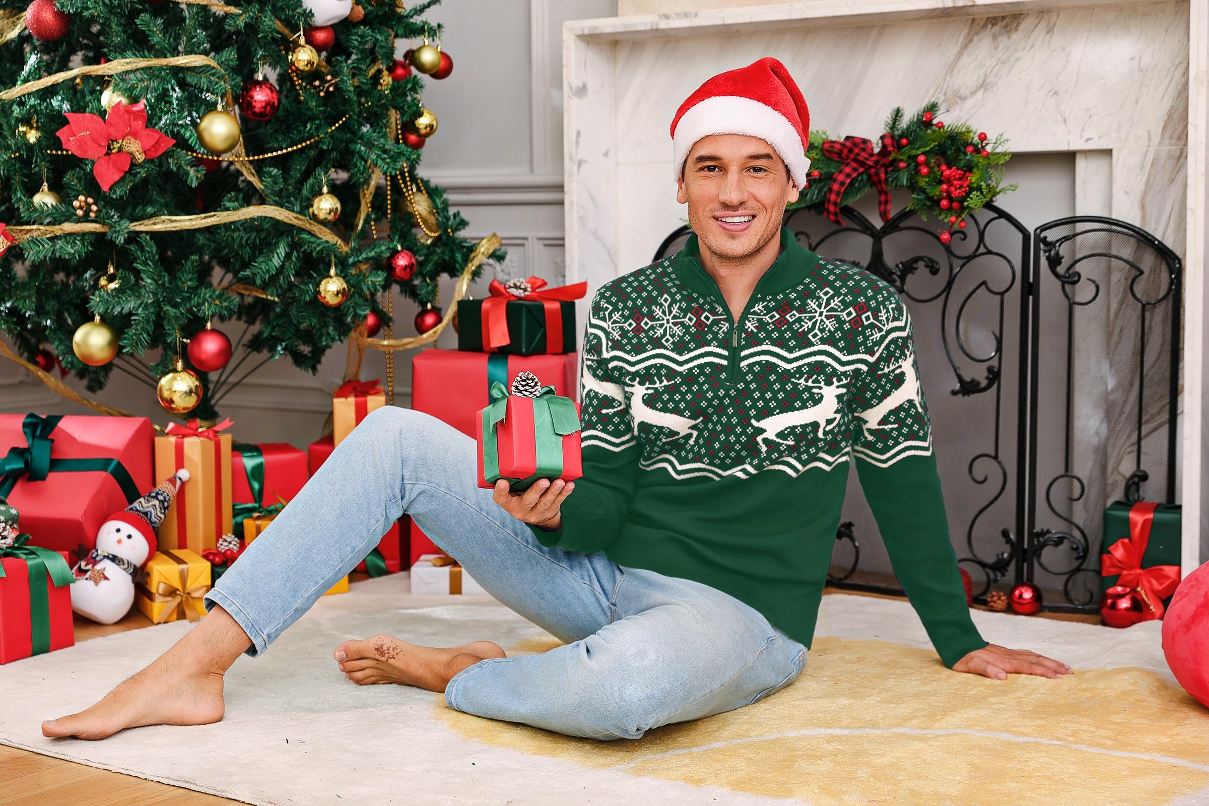 Jersey de Navidad para Hombre Invierno Cuello Alto con Media Cremallera Suéter de Navideñas Punto de Manga Larga S-3XL