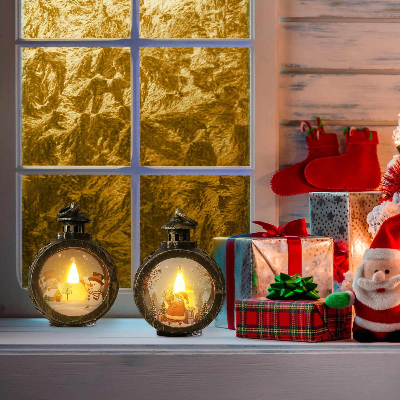 Lot 2 Lanternes Noël LED 12x8.5cm - À Suspendre Rondes Avec Piles - Blanc