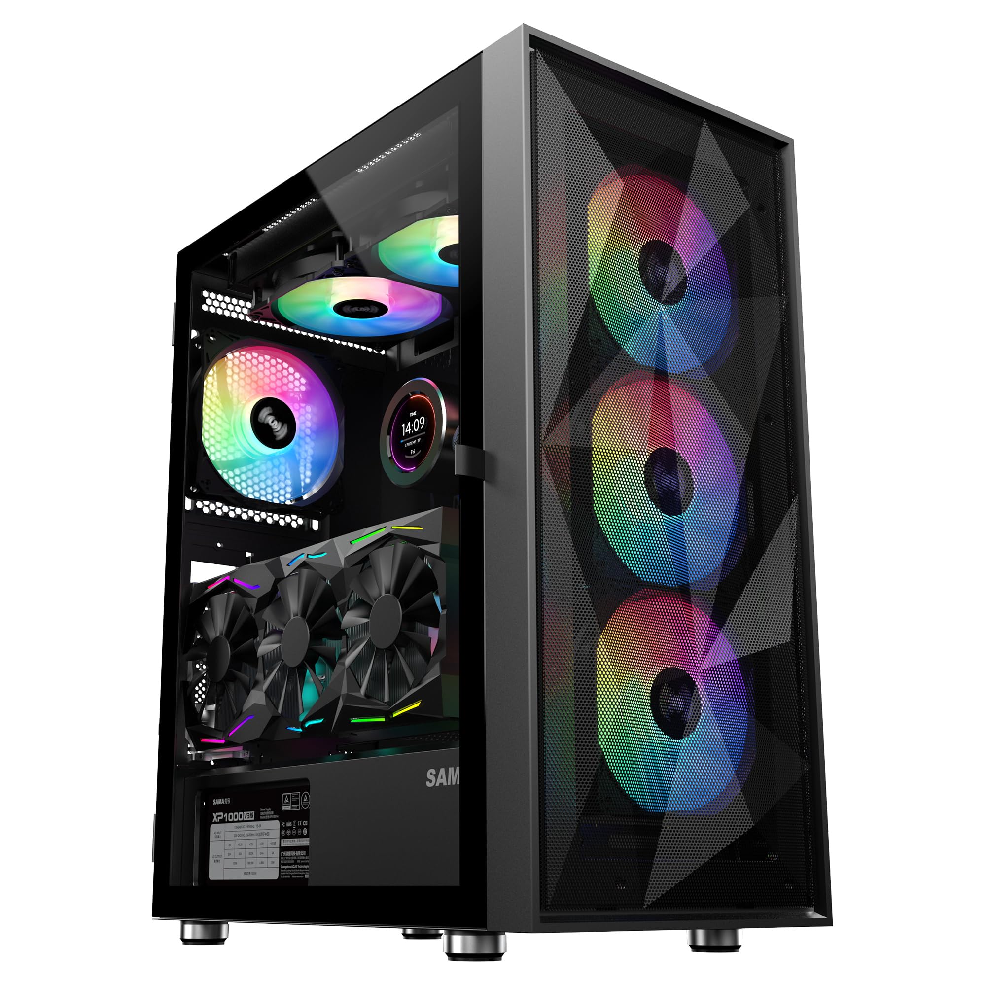 3509 Black ATX Mid Tower PC Case – Steel Mesh Front, Hinged Tempered Glass Side Panel, 4×ARGB Fans Pre-Installed, USB 3.0×2, 360mm AIO Liquid Cooler Support