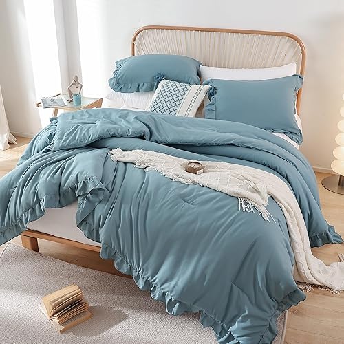 Miniatura 4 de JANZAA Edredones tamaño Queen, juego de edredón azul mineral, 3 piezas (1 juego de edredón con volantes y 2 fundas de almohada), ropa de cama estilo