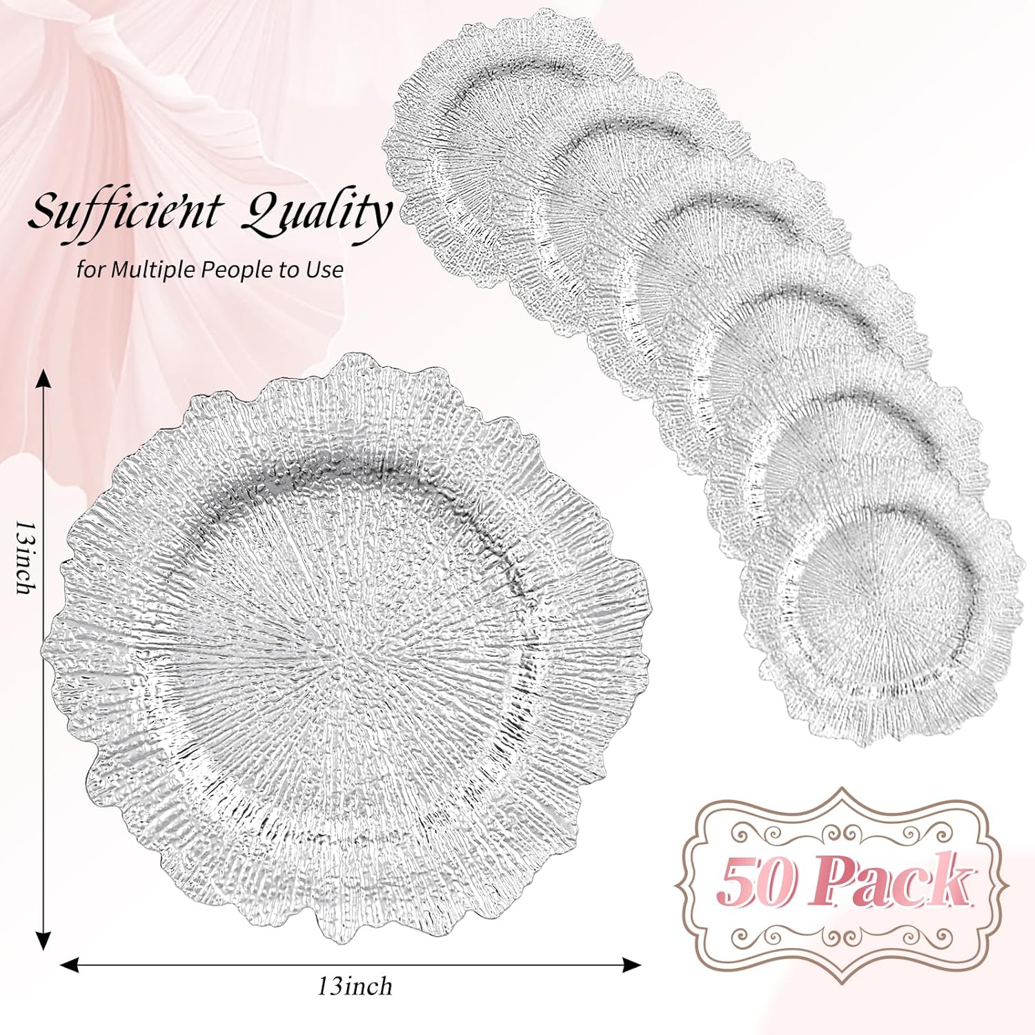 50 Pack Silver Charger Plates Bulk, 13" Plastic Reef Chargers for Dinner Plates, Round Charger Plate with Floral Reef Design for Dinner Wedding Party Table Setting Decoration