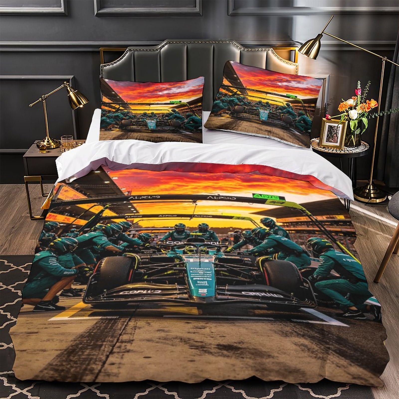 3U6C4M9K Formulaa Racing Pattern Bedding Set Single（140x200cm）, Pit Stop Duvet Cover with Pillowcases, Quilt Cover Set Soft Microfiber Comforter Cover