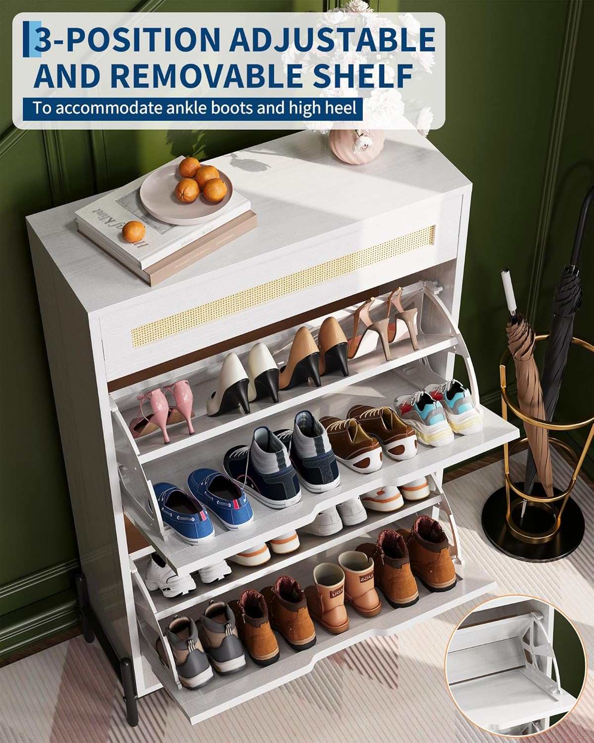 Rattan Shoe Cabinet with 3 Drawers & Adjustable Shelves, 3-Tier Slim Wooden Shoe Rack Organizer Storage for Entryway, Hallway, Porch - Farmhouse Style, White