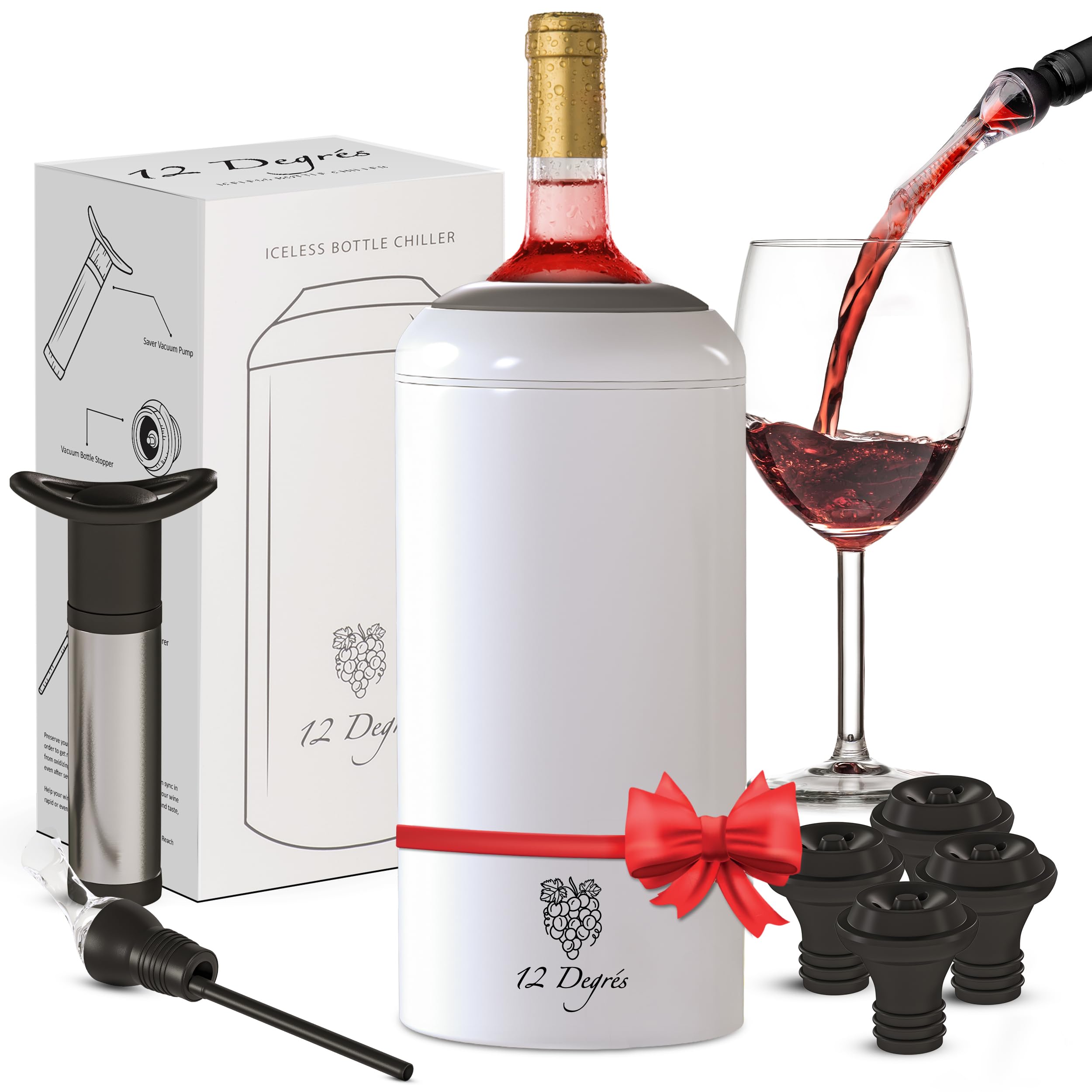 12 Degrés Wine Chiller Set - Perfect Wine Gifts for Women & Men - Stainless Steel Insulated Wine Cooler with Wine Pump, Aerator & 4 Stoppers (White Matte)