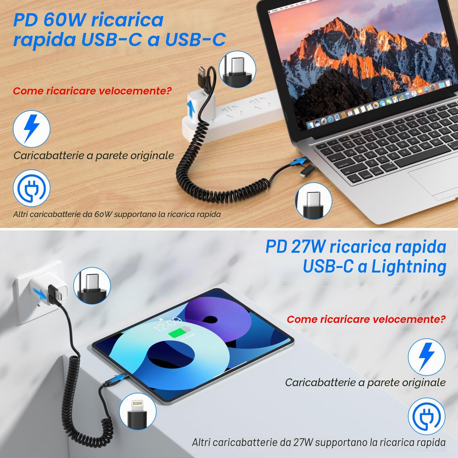 Cavo USB C e Lightning 4 in 1 [Certificato MFi] iPhone CarPlay e Android Auto, ricarica rapida e sincronizzazione dati da 60 W, cavo di ricarica multiplo a spirale per iPhone/Android/iPad/laptop
