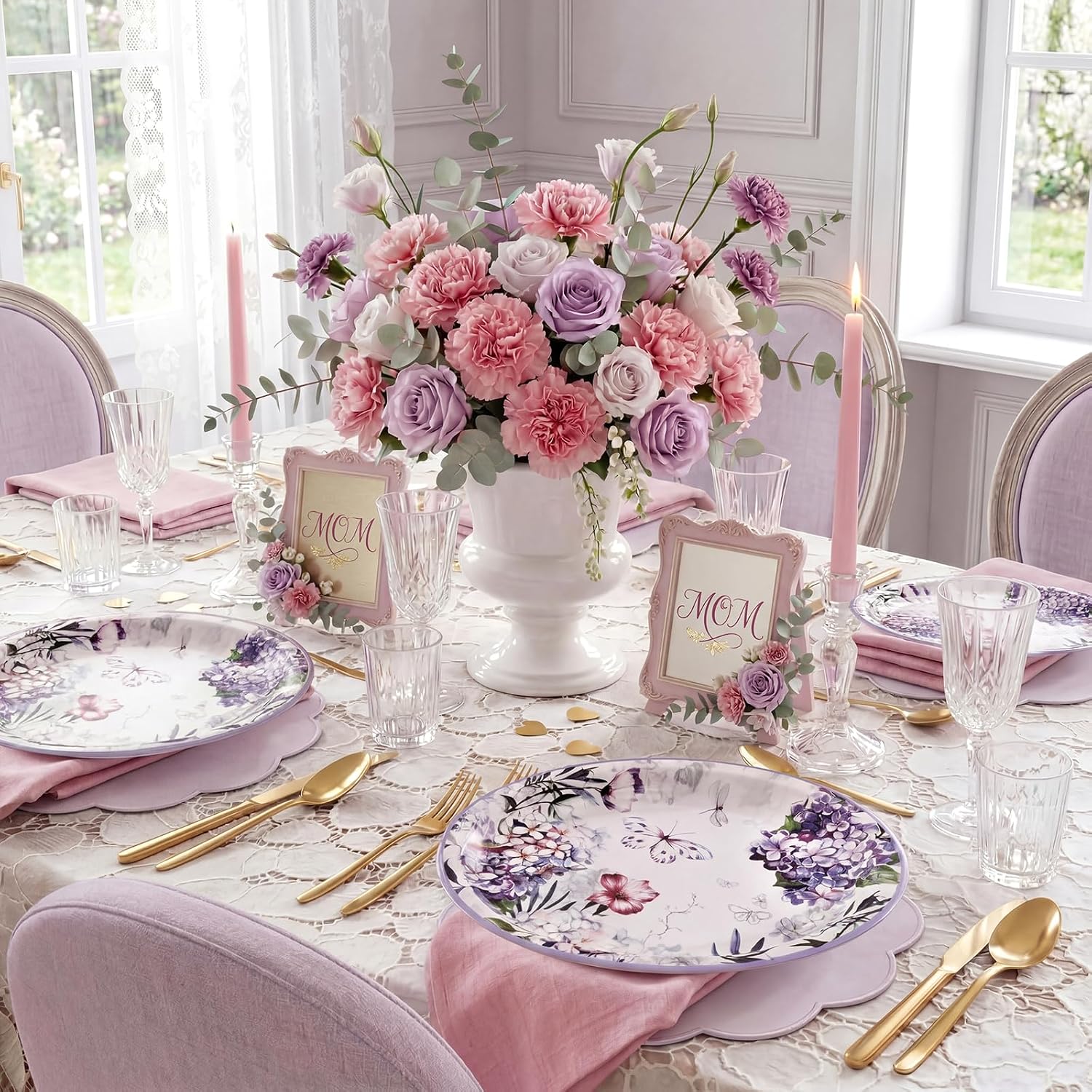 WDF 50PCS Purple Floral Oval Paper Plates -10"x12" Heavy Duty Butterfly Large Disposable Dinner Plates - Lavender Hydrangea Disposable Party Platters Suitable for Spring/Birthday/Mother’s Day