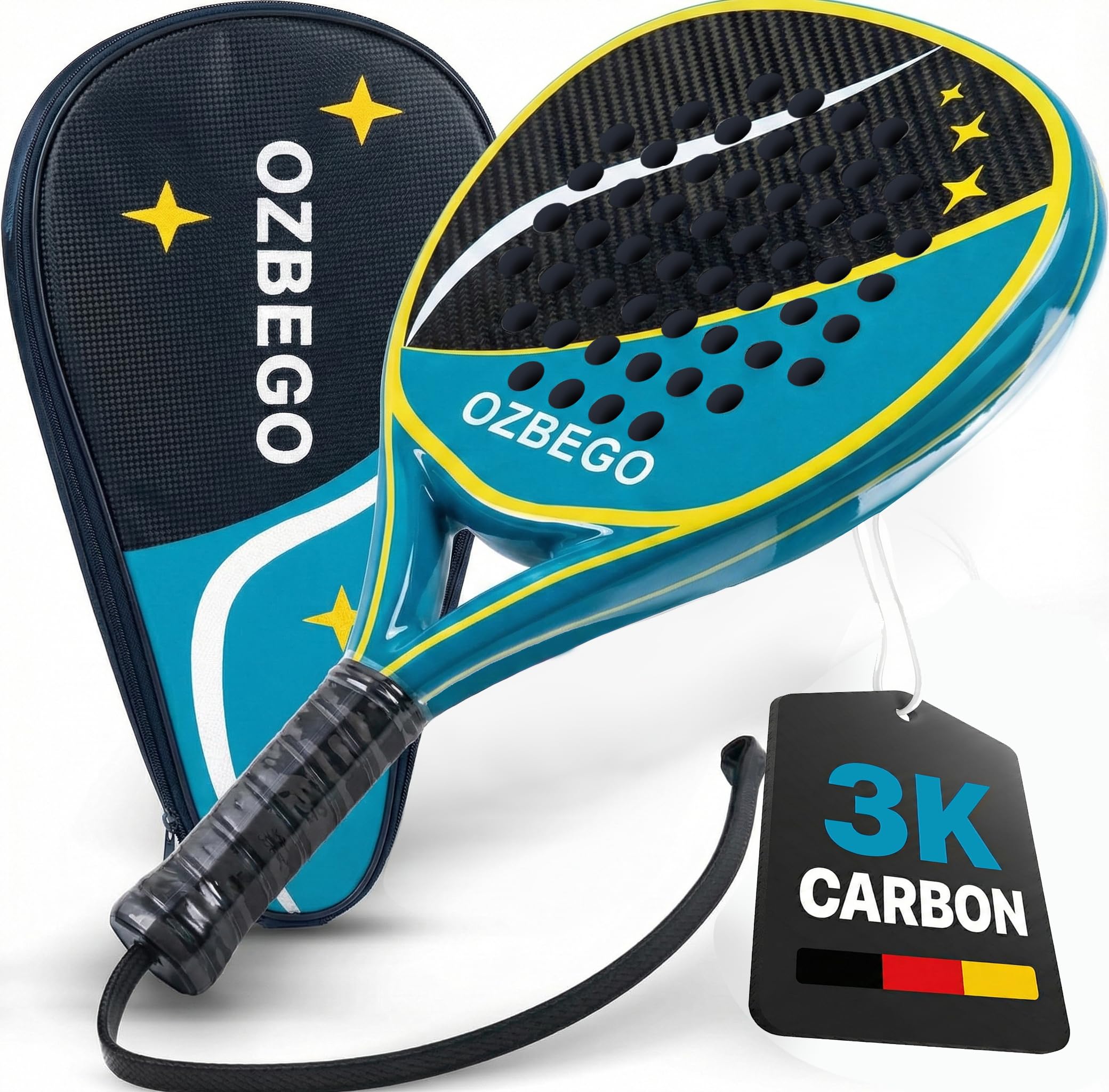3K Carbon Diamond Padelschläger – Vollcarbon mit EVA-Kern, ca. 360 g – inkl. Tasche, 2 Overgrips & Schutzfolie – Für ambitionierte Spieler
