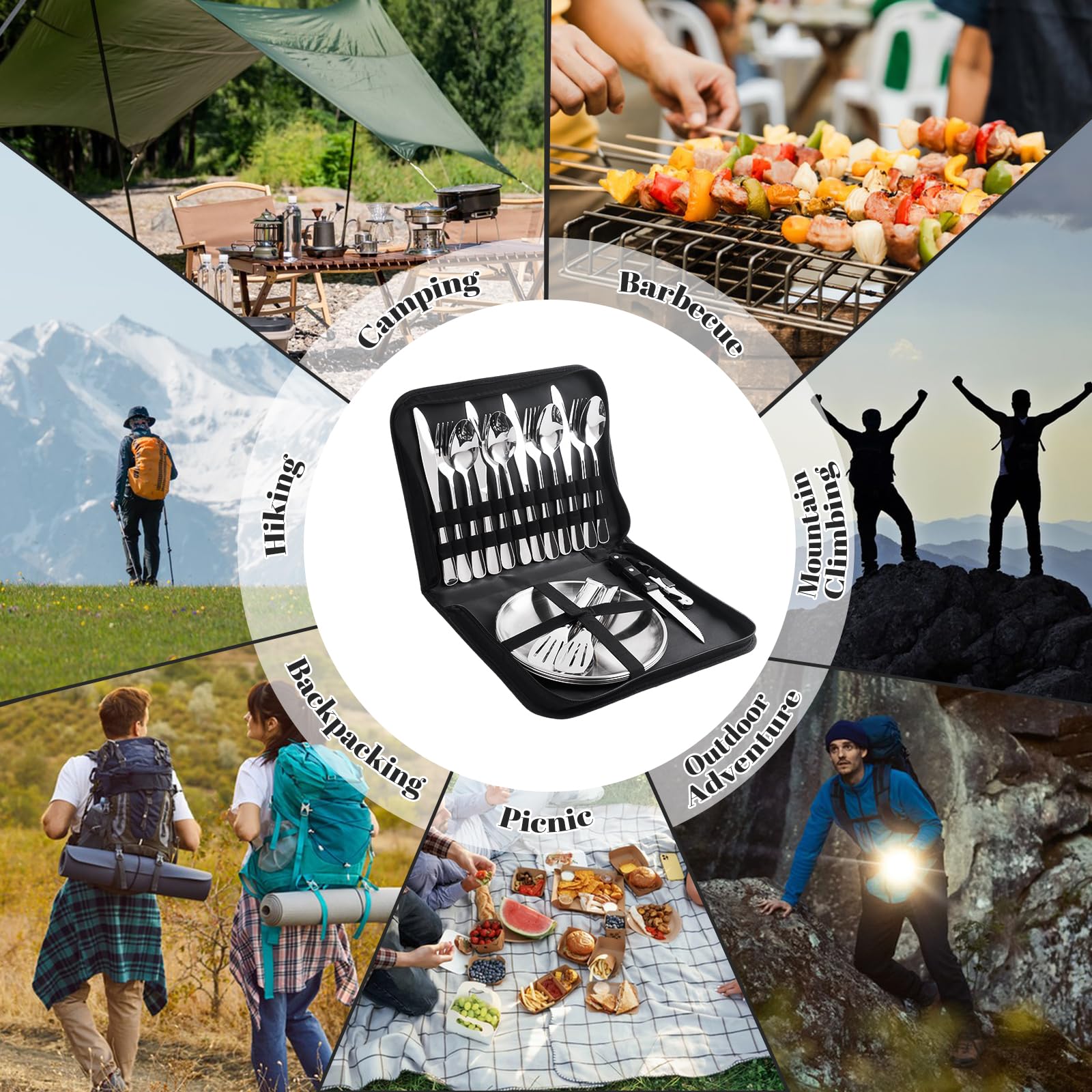 Set di stoviglie da campeggio per 4 persone, 22 posate da campeggio portatili, posate da campeggio con cucchiaio, forchetta, coltello, clip piatto in acciaio inox 304, portaposate per picnic, viaggi