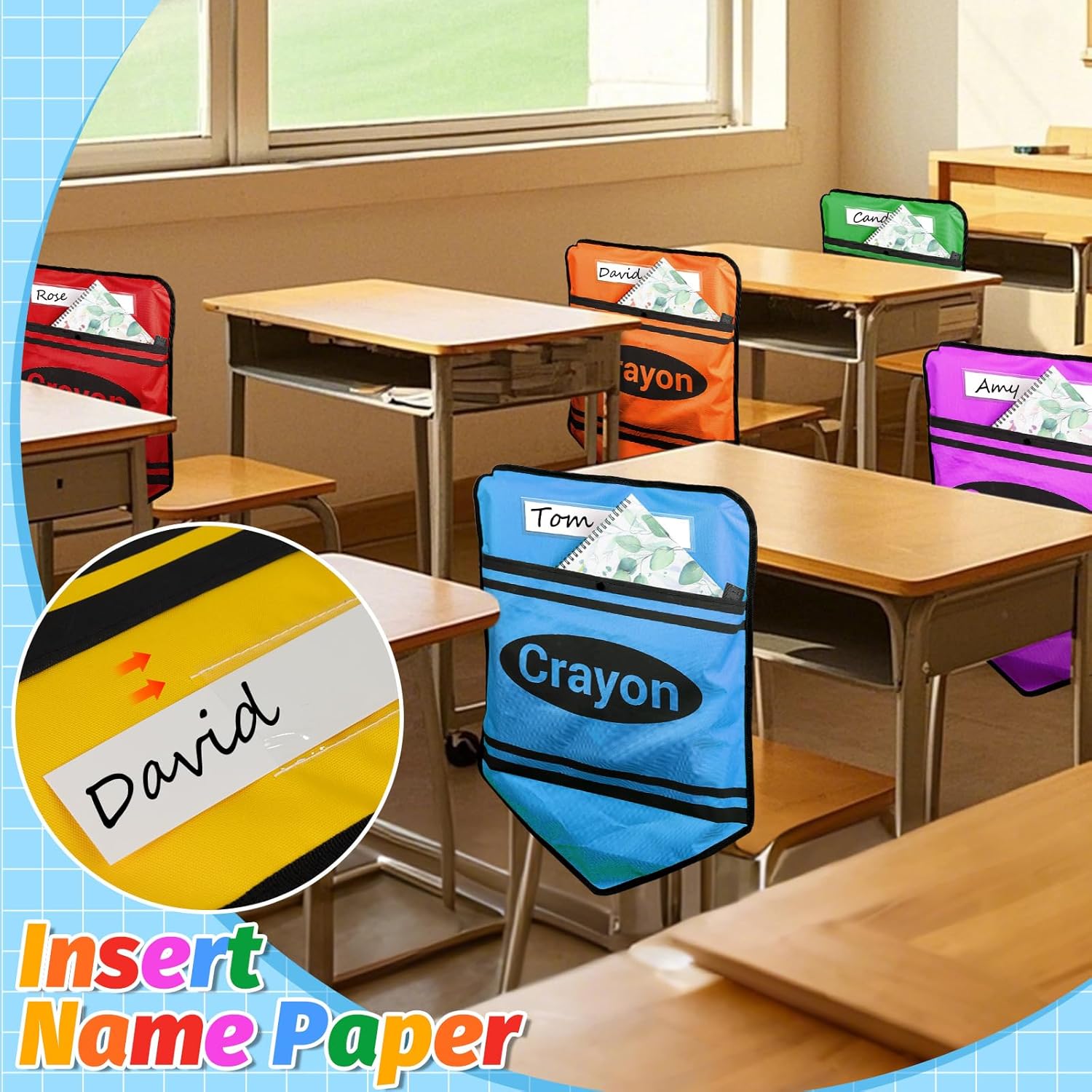 12 Pack Chair Pockets for Classrooms Crayon Chair Back Buddy Pocket for Classroom Seat Storage Pocket with 12 PCS Name Tags Chairs Organizer for School Home Supplies, 17 X 18 Inch