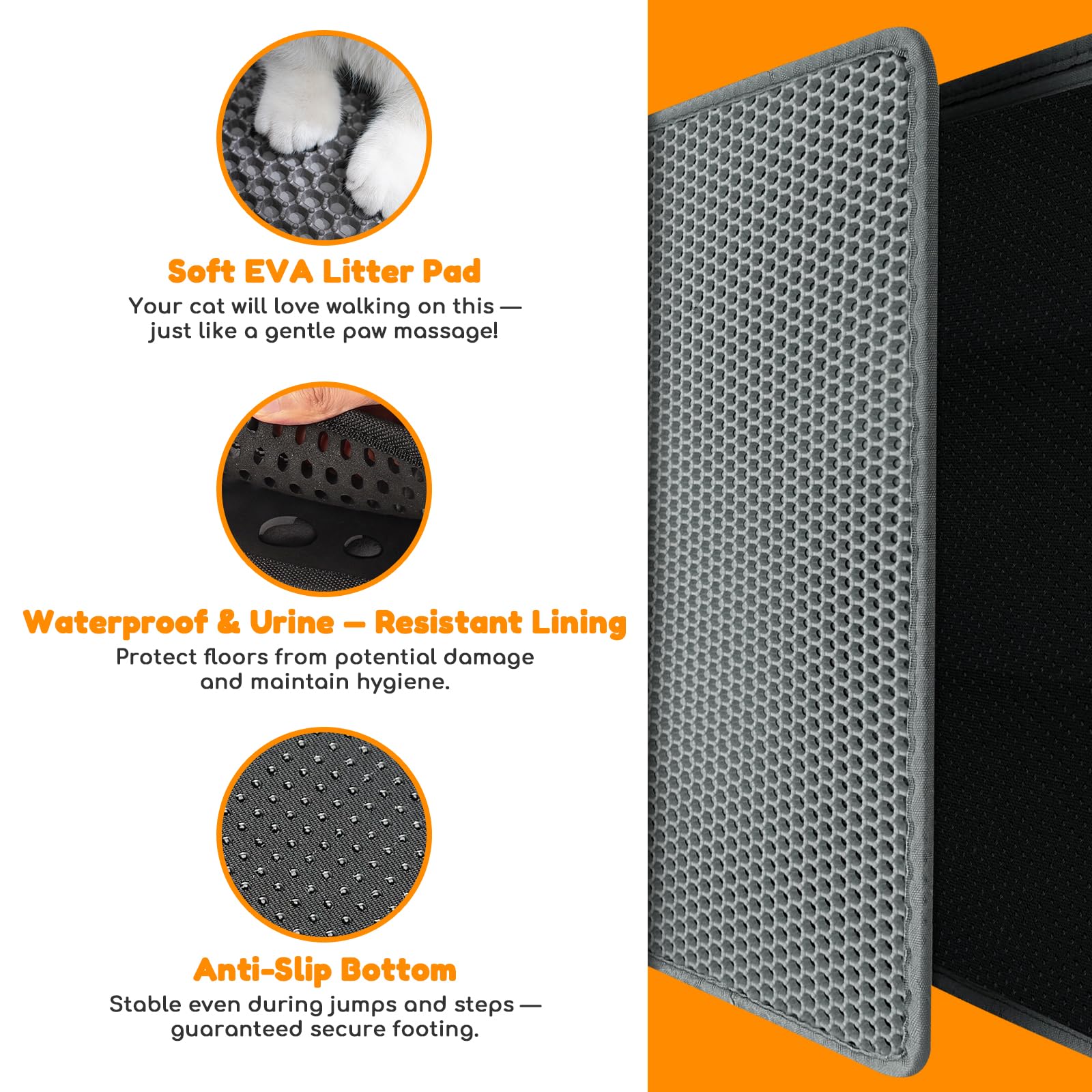 Extra Large Waterproof Cat Litter Mat - New 31x24 Inch Honeycomb Double Layer Traps Litter, Waterproof & Non-Slip Floor Protector, Easy Clean, Odor-Free, Dark Gray - image 3