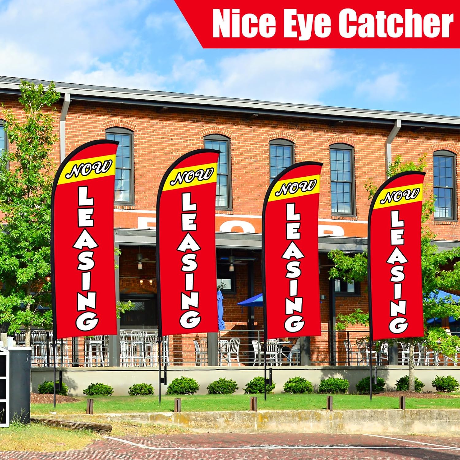 Buryeah 4 Sets 15ft Now Leasing Flags Banners for Advertising with Flagpole Ground Stake Portable Bag Feather Now Leasing Signs Banner for Business Advertising(Red) - Image 6