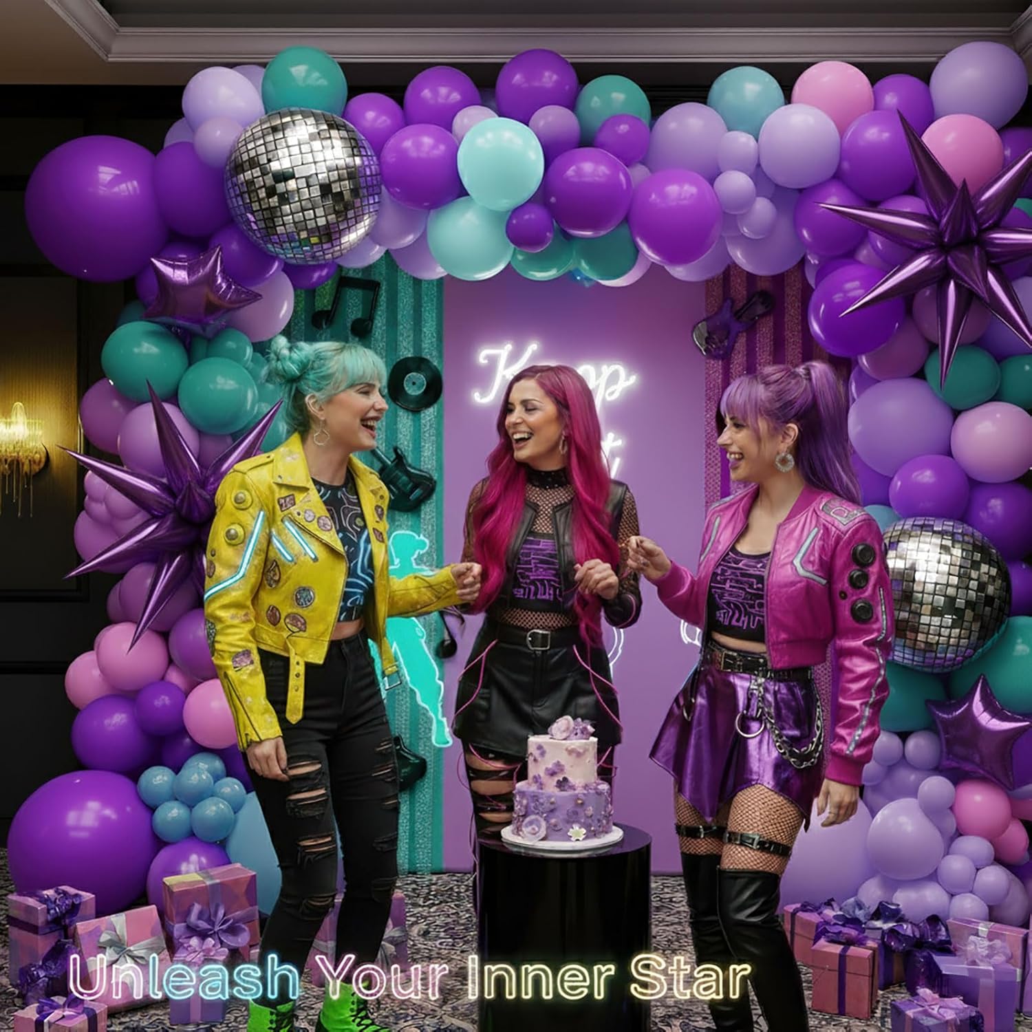 Purple pink Balloon Arch Garland Kit with Banner Musical symbols Disco Star mylar balloons for kpop music Birthday Decorations Y2K Concert Movies Tv fans Prom Party Supplies (Purple pink)