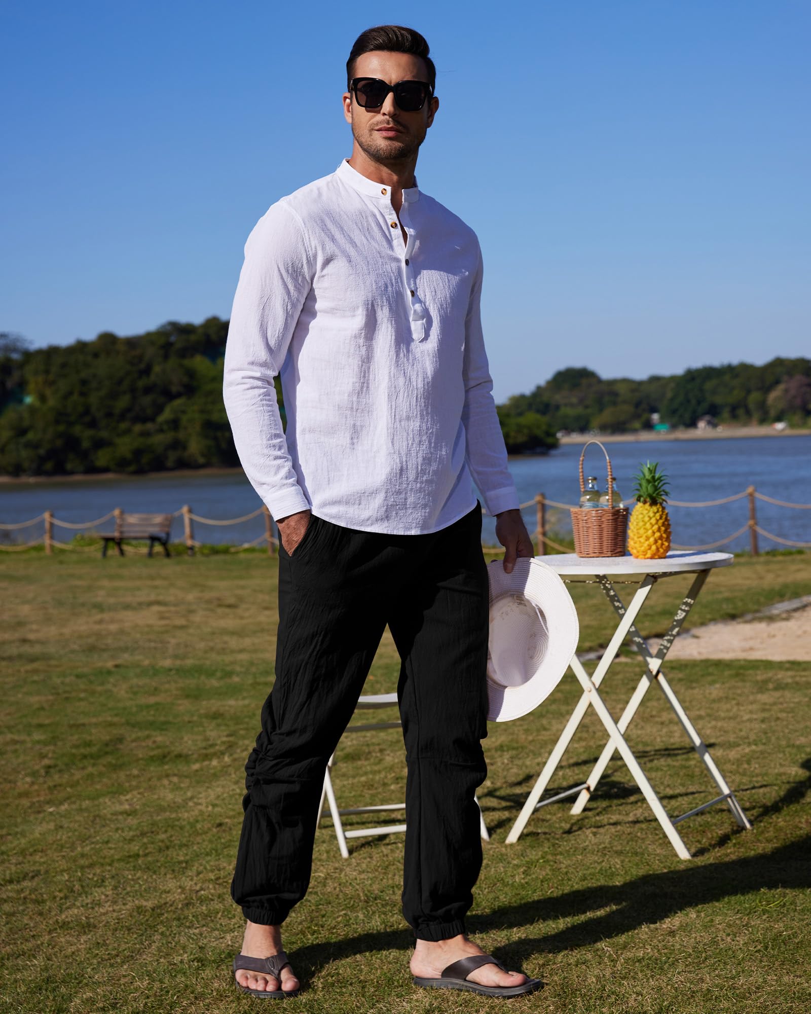 YAOBAOLE - Pantalón de lino para hombre, estilo informal, estilo japonés, cintura elástica, cordón Harem holgado, ligero para yoga, playa, vacaciones