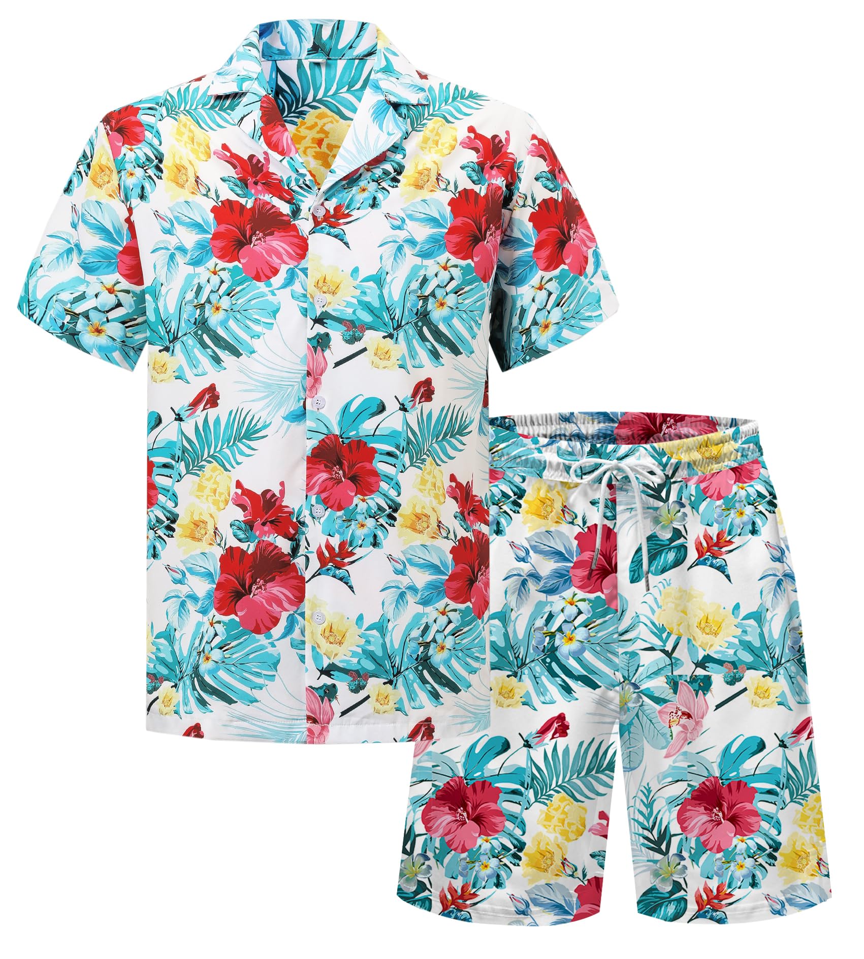 Cromoncent Boy and Men Hawaiian Outfits Short Sleeve Shirts and Shorts Hawaiian Suits Beach Tropical 2 Pcs Vacation Sets
