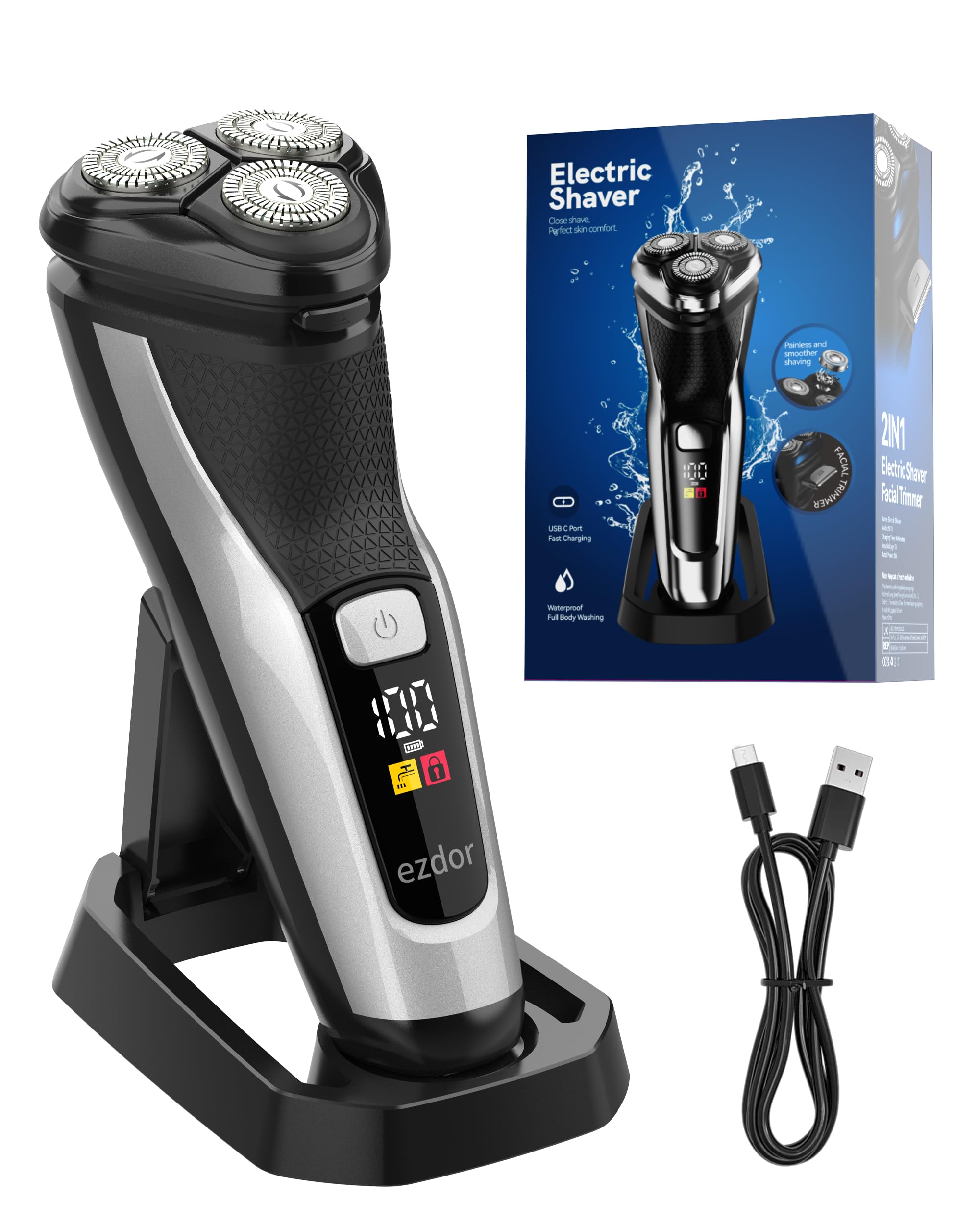Electric Razor for Men, 3D Rotary Electric Shaver with Long-Lasting Battery, Ergonomic Grip, Wet & Dry Waterproof Face Shaver, USB Rechargeable with Charging Stand, Pop-Up Trimmer (Gray)