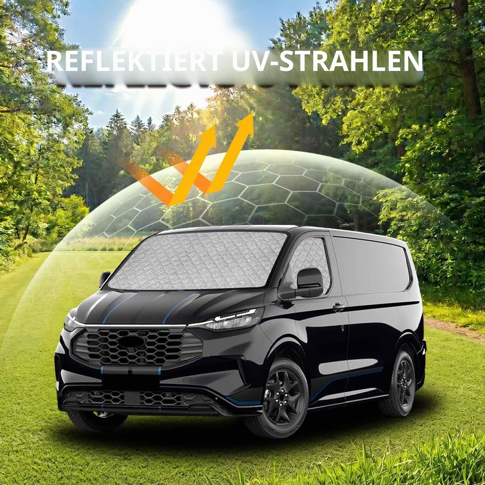 3er Set Auto Sonnenschutz Innen für VW New Transporter (2024-2026) & Ford Transit Custom (ab 2023) | Sonnenschutz Frontscheibe innen faltbar & magnetische Seitenscheiben | Thermomatte Verdunkelung