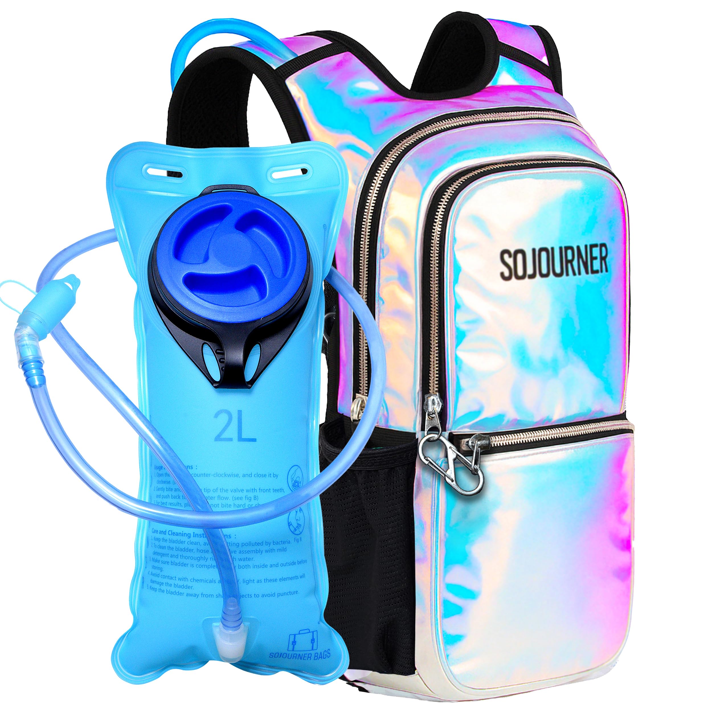 SoJourner Bags Rave Hydration Pack Backpack - 2L Water Bladder Included For Festivals, Raves, Hiking, Biking, Climbing, Running And More One Size Holographic - Blue — image 1