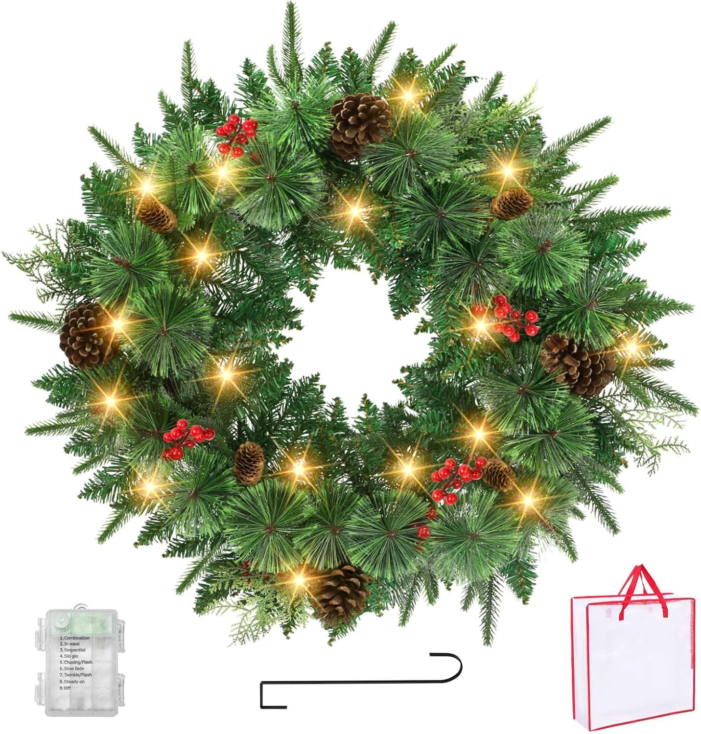 リモコン 24インチ プリライト 人工クリスマスリース、Norwood Fir Carolina Pine Crestwoodスプル