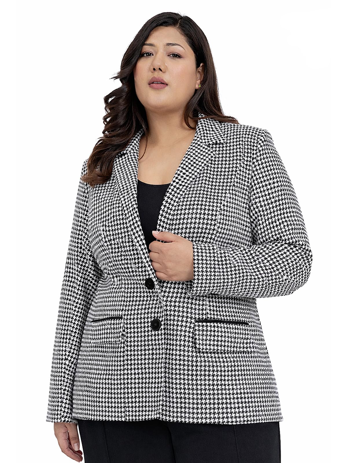 wild u Plus Size Houndstooth Blazer | Long | Stretchable Fabric | Office Wear | Power Shoulder (Black White, 3XL to 8XL)-picture-31