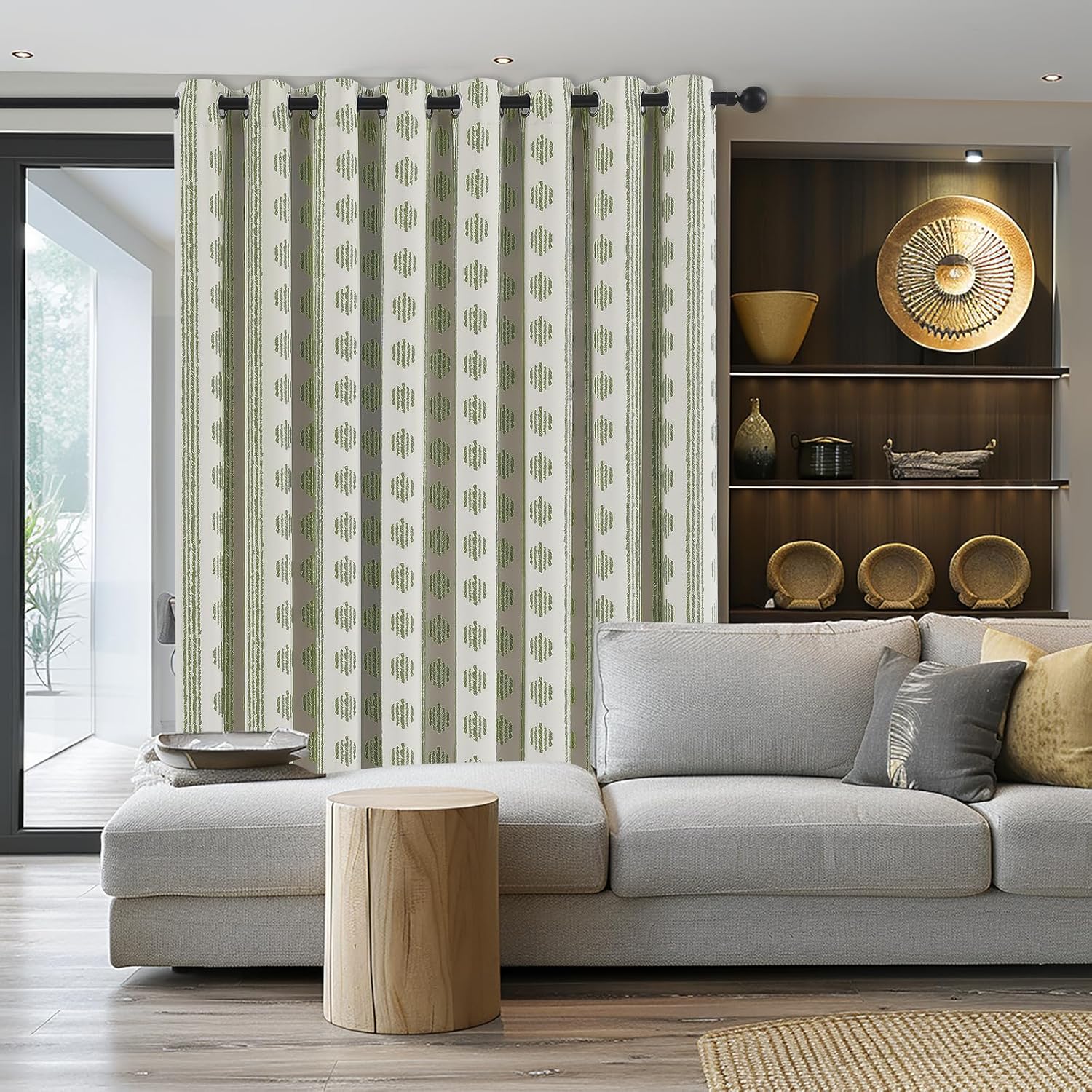 Melodieux Boho Blackout Curtain 100"W x 84"L, Green on Beige, 1 Panel, Grommet, Room Darkening, Bedroom & Living Room