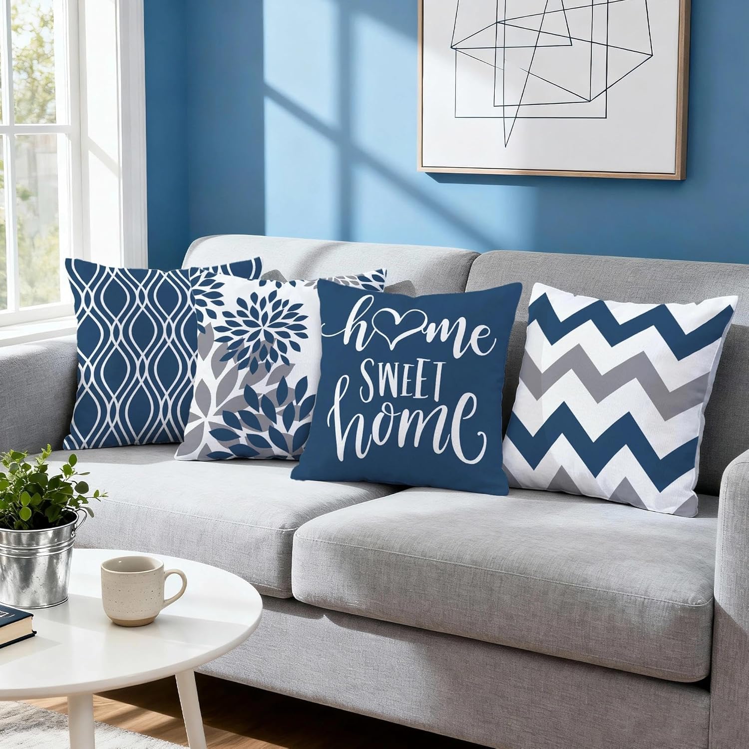 Hexagram Geometric Blue Pillow Covers 18x18 Set of 4, Decorative Outdoor Boho Modern Throw Pillow Covers, Home Sweet Home Farmhouse Cushion Case for Couch Sofa Bedroom Indoor Decor(No Insert) - Image 6