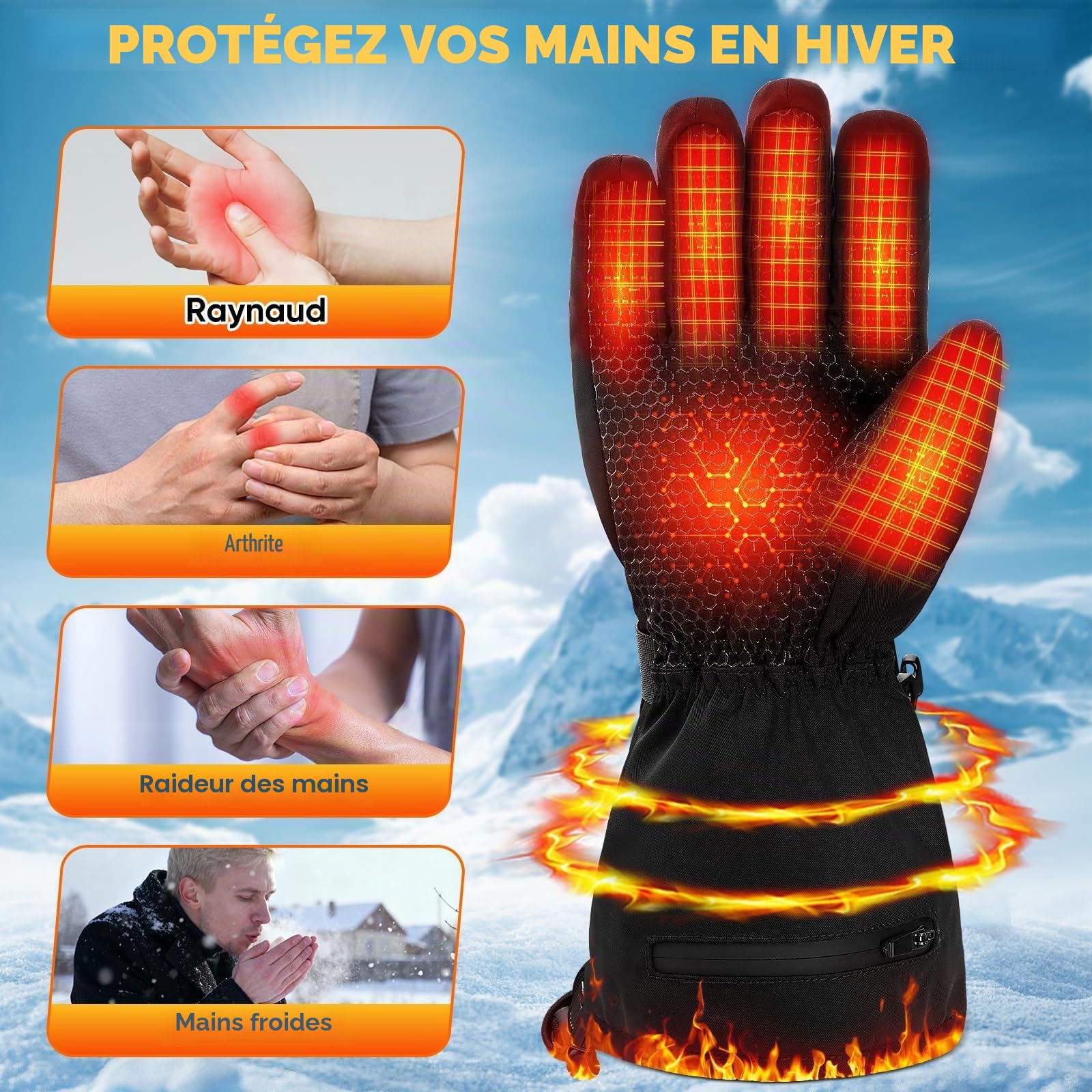 Multper Gants Chauffants Hommes Femmes, Gant Chauffant avec 7.4V 3000mAh × 2, 3 Niveaux de Chauffage, Imperméables, Écran Tactile, Gant Moto, Gant Hiver pour Hiver, Ski, Randonnée, Cadeau Homme