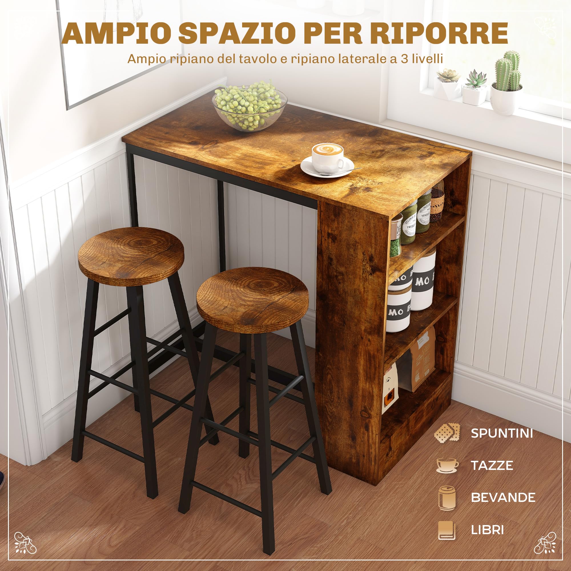 HOMCOM Set da Pranzo con Bancone da Bar e 2 Sgabelli Alti, Tavolo Alto con 3 Ripiani Laterali e Sgabelli con Poggiapiedi Stile Industriale, Marrone