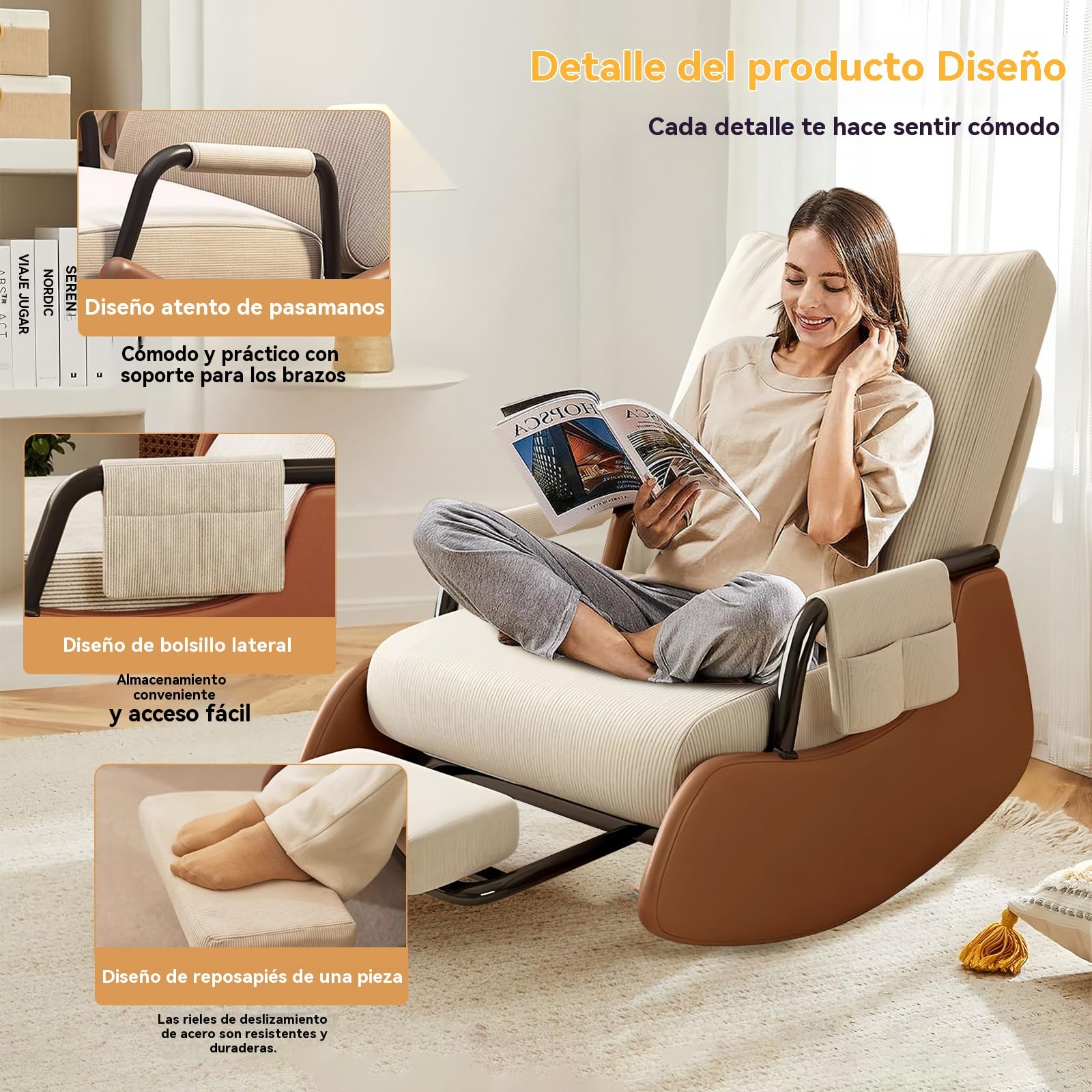 Silla Mecedora Acolchada para habitación de bebé con Bolsillos Laterales y Respaldo Alto Ajustable, Silla de Acento de Cuerda Peluda con reposapiés Adecuada para Dormitorio y Sala de Estar