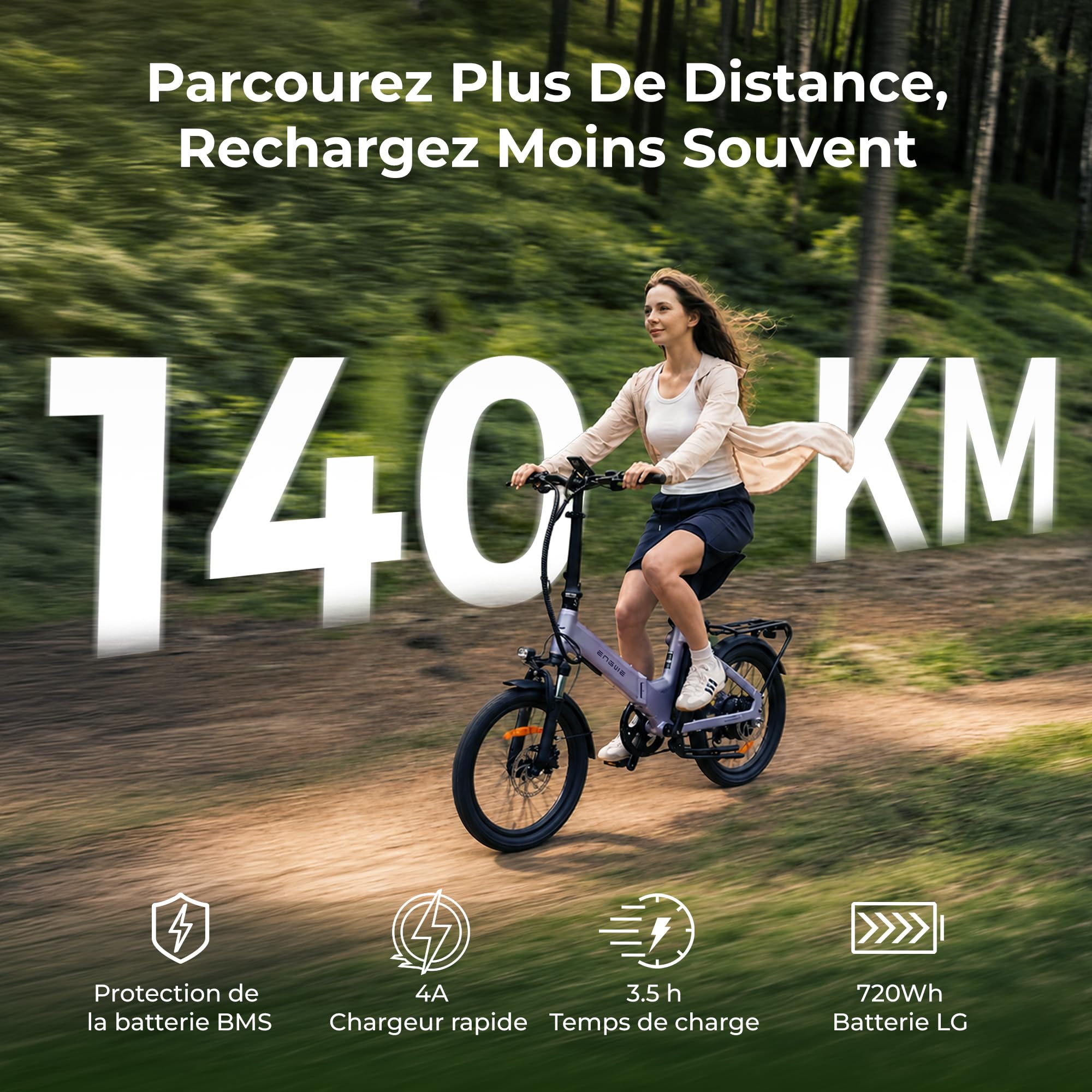 ENGWE O20 Velo Electrique Pliable,Compact Vélo électrique | Moteur de 250 W, Batterie amovible de 48 V et 15 Ah, Autonomie 80–140 km, Connectivité via une APP, Déplacements urbains