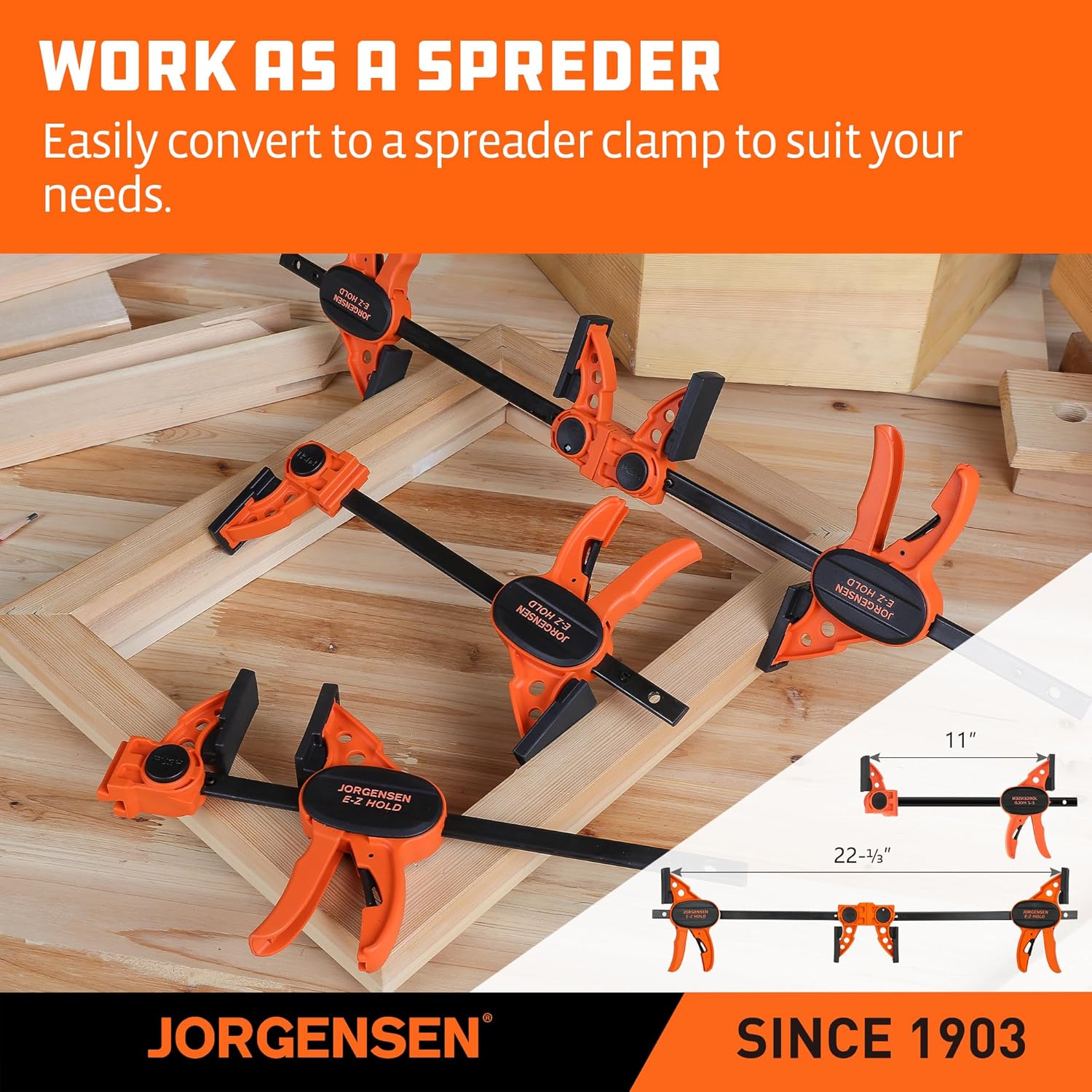 Jorgensen 6" Bar clamps for woodworking - 4-Pack, One-Hand Light Duty E-Z Hold Spreader Clamp, 200 lbs Capacity, Versatile and Easy-to-Use Design