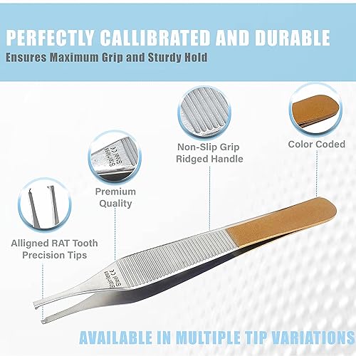 Miniatura 3 de Juego de 2 fórceps de disección Adson de 4.75 pulgadas, rectos y curvos codificados por colores, hechos de acero inoxidable de alta calidad (1 x 2