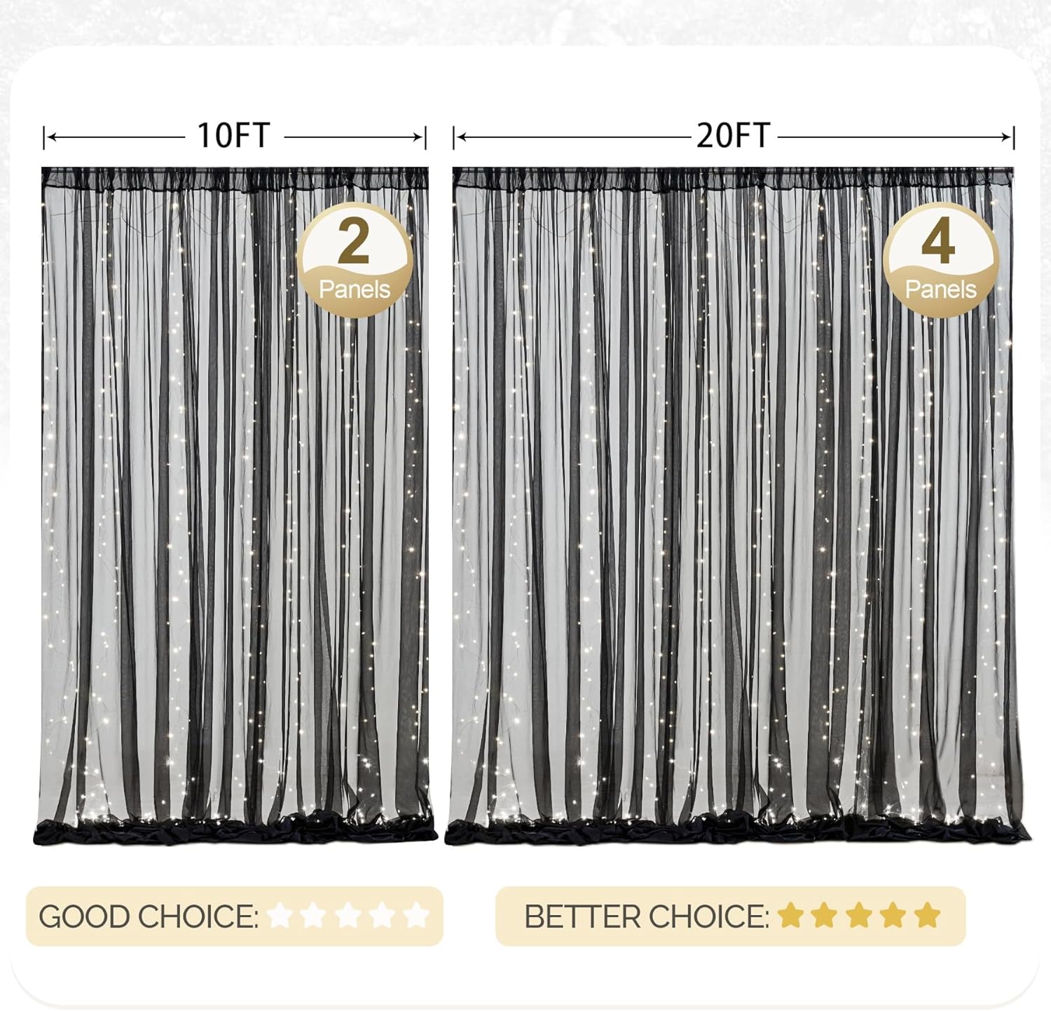 20x10ft Black Tulle Backdrop Curtain with Lights String for Parites, Sheer Photo Backdrop Curtains with Lights for Wedding Backdrop Ceremony Reception Bridal Shower Baby Shower Birthday Party
