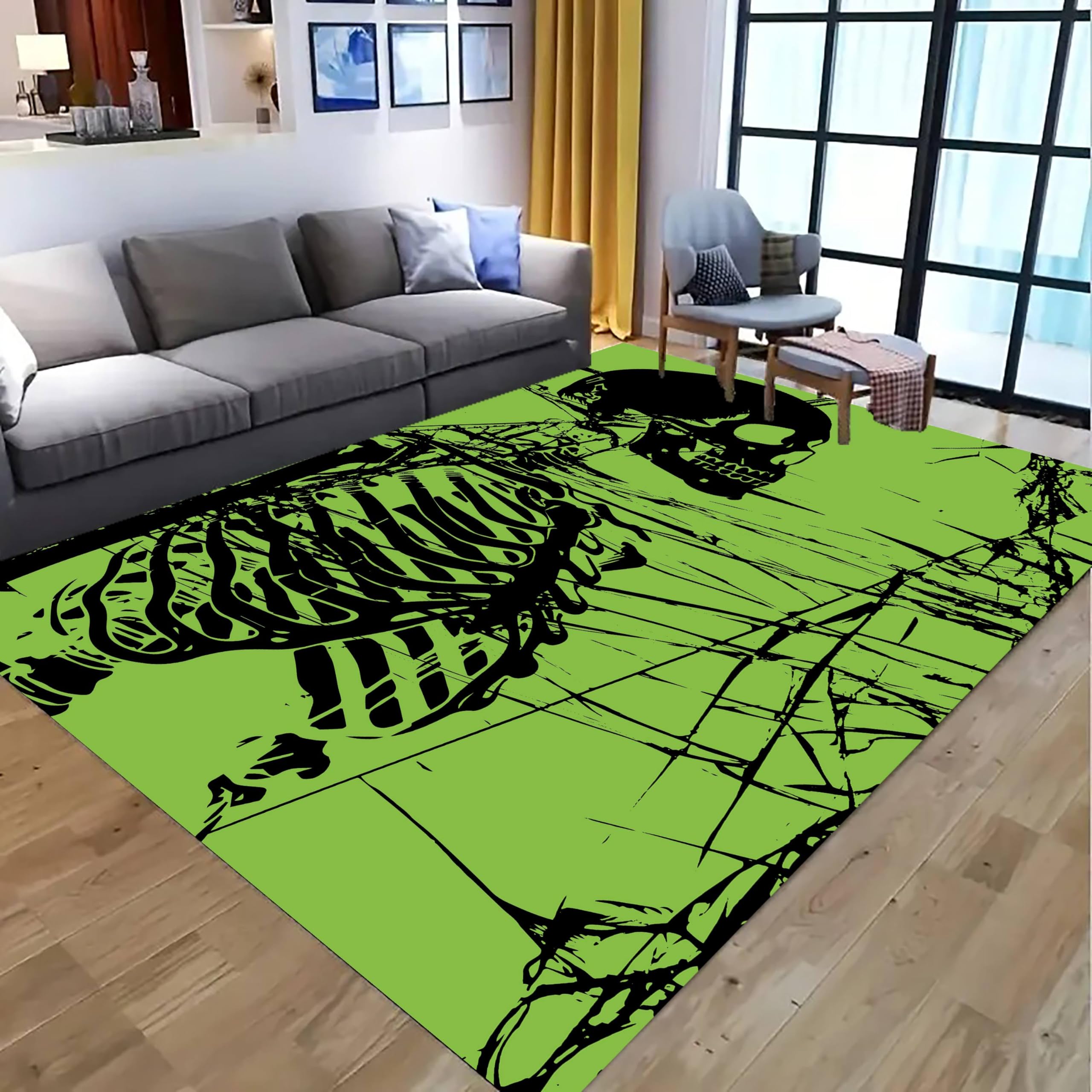 Kuluoits Green Horror Skeleton Area Rug, 180x230cm, Happy Halloween Black Skull Graffiti Washable Rug, Soft Non-Slip Durable Non-Shedding Rugs, Absorbent Breathable Thin Carpet for Living Rooms