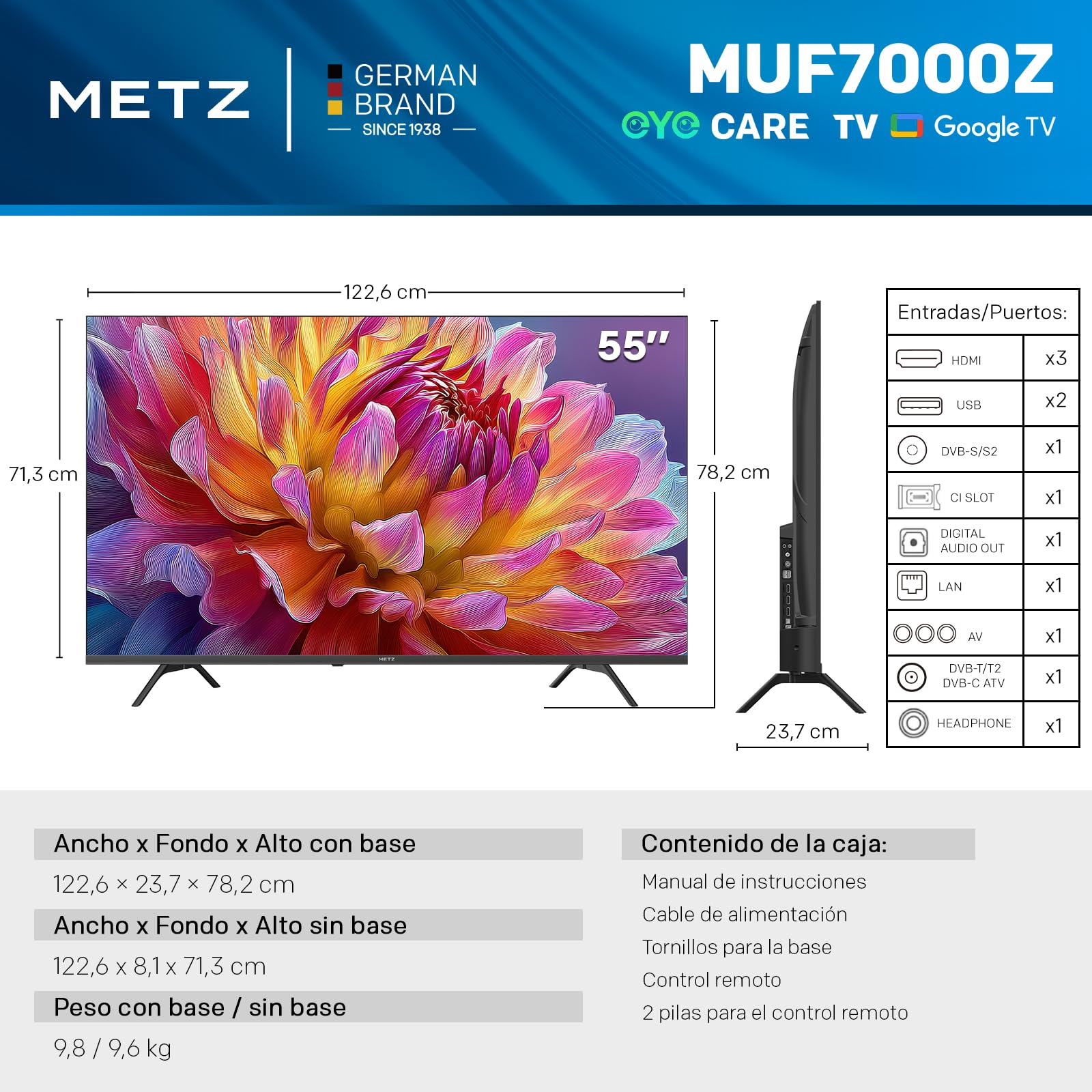 Metz 55MUF7000Z 55" Smart TV, 4K UHD Google TV, MEMC, Dolby Vision, Dolby Atmos, Google Cast, Cuidado Ocular, Compatible con el Asistente de Google(2025)
