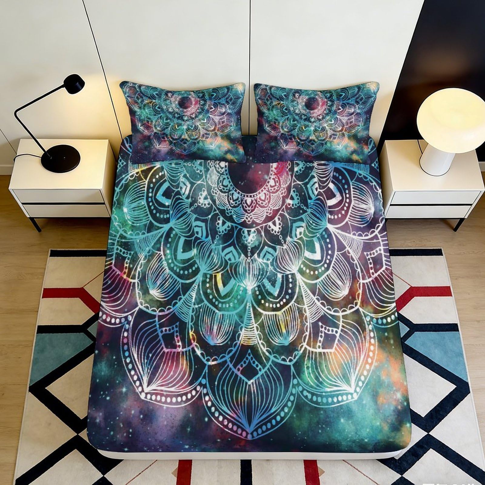 3D Printed Mandala Peacock Fitted Sheet Microfiber Colourful Bedroom Decor Nebula Mattress Cover for Home Dorm 90x200x25cm