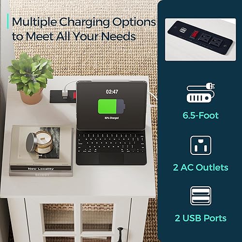 Miniatura 5 de LINSY HOME Mesa auxiliar con estación de carga, mesa auxiliar moderna con armario de almacenamiento y estante ajustable, mesa de sofá pequeña para