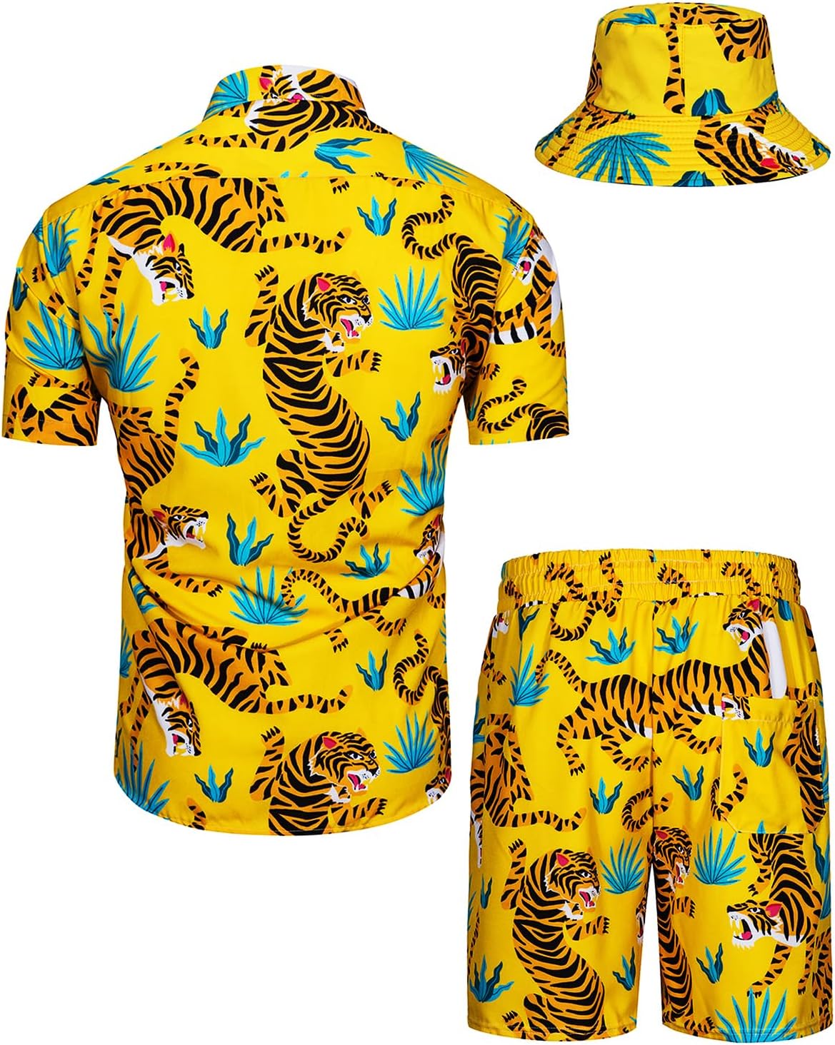 TUNEVUSE Mens Hawaiian Shirts and Shorts Set 2 Pieces Beach Outfits Flower Print Summer Tropical Suit with Bucket Hats - Image 2
