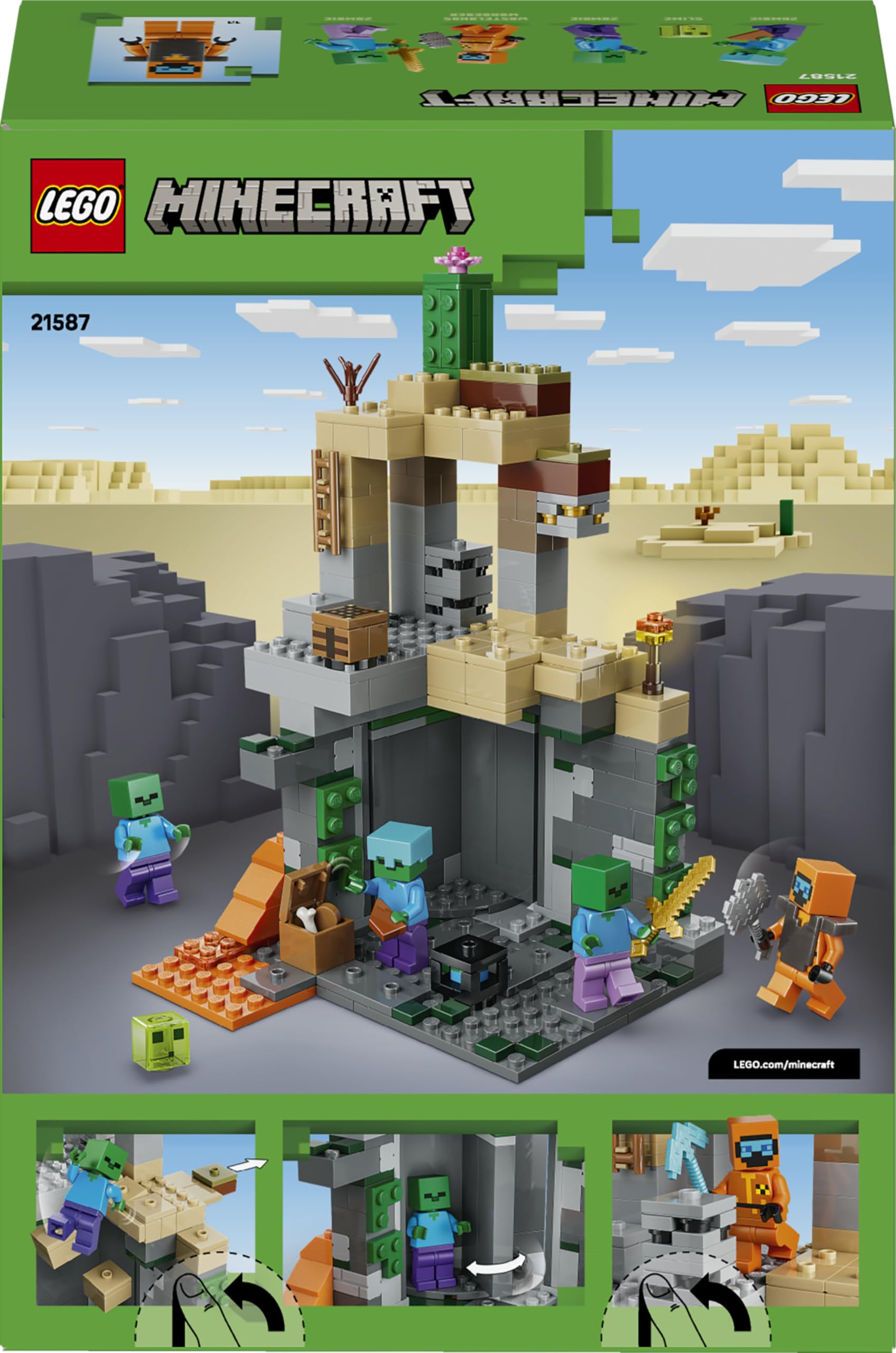 LEGO Minecraft Zombie Dungeon - Giocattolo Interattivo con Minifigure di Viandante, 3 Figure Zombie, Slime e un Tavolo da Crafting - Regalo per Gamer, Bambini e Bambine da 8 Anni in su - 21587