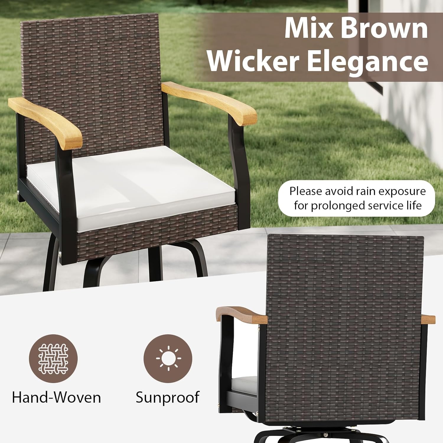 COSTWAY Outdoor Bar Stools Set of 2, 29'' Swivel Rattan Wicker High Top Chairs with Acacia Wood Armrest, Cushions and Backrest, Patio Bar Height Chairs for Poolside, Backyard, Deck (2)