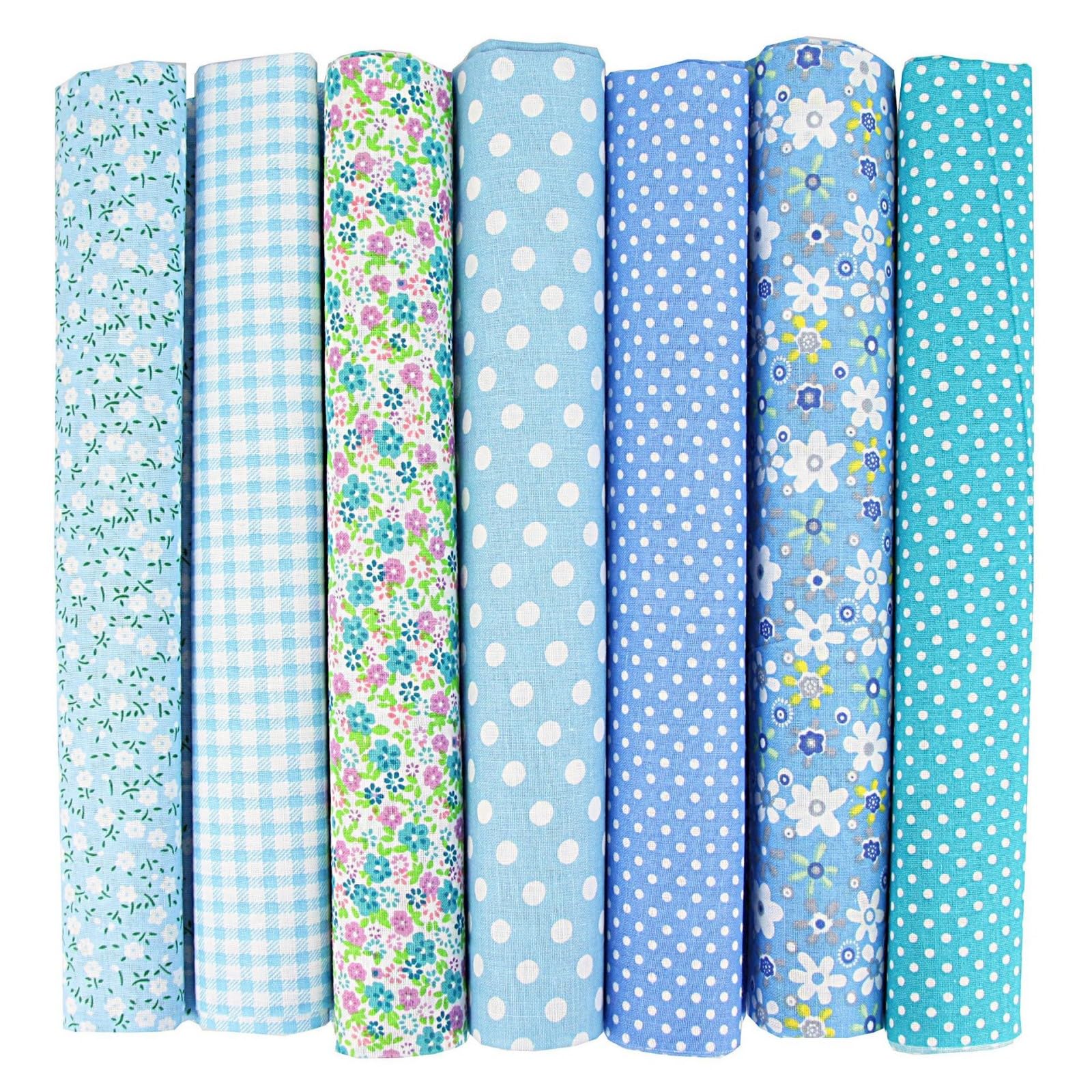 NEUJUS 7er Set Baumwollstoff 50x50cm – Stoff Meterware aus 100% Baumwolle, Patchwork Stoffe Paket, Stoffreste zum Nähen, Basteln & Quilten, Verschiedene Designs, DIY Stoffe (7 Stück Blau)